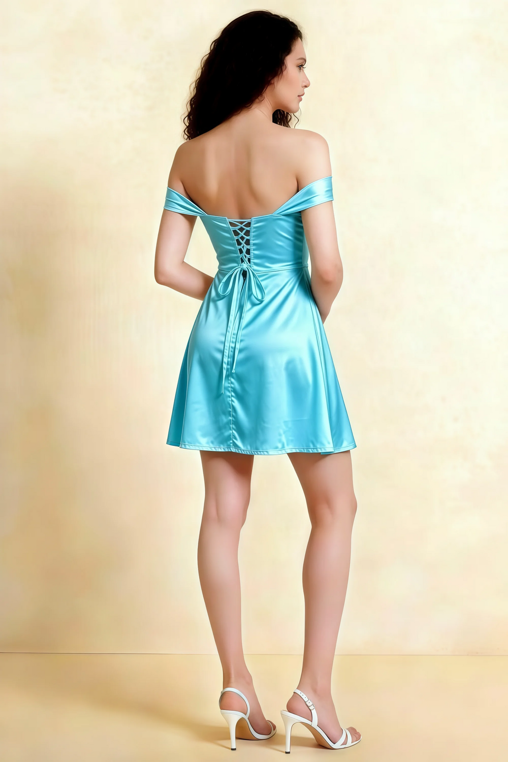 Anne Baby Blue Satin Off the Shoulder Corset Mini Dress