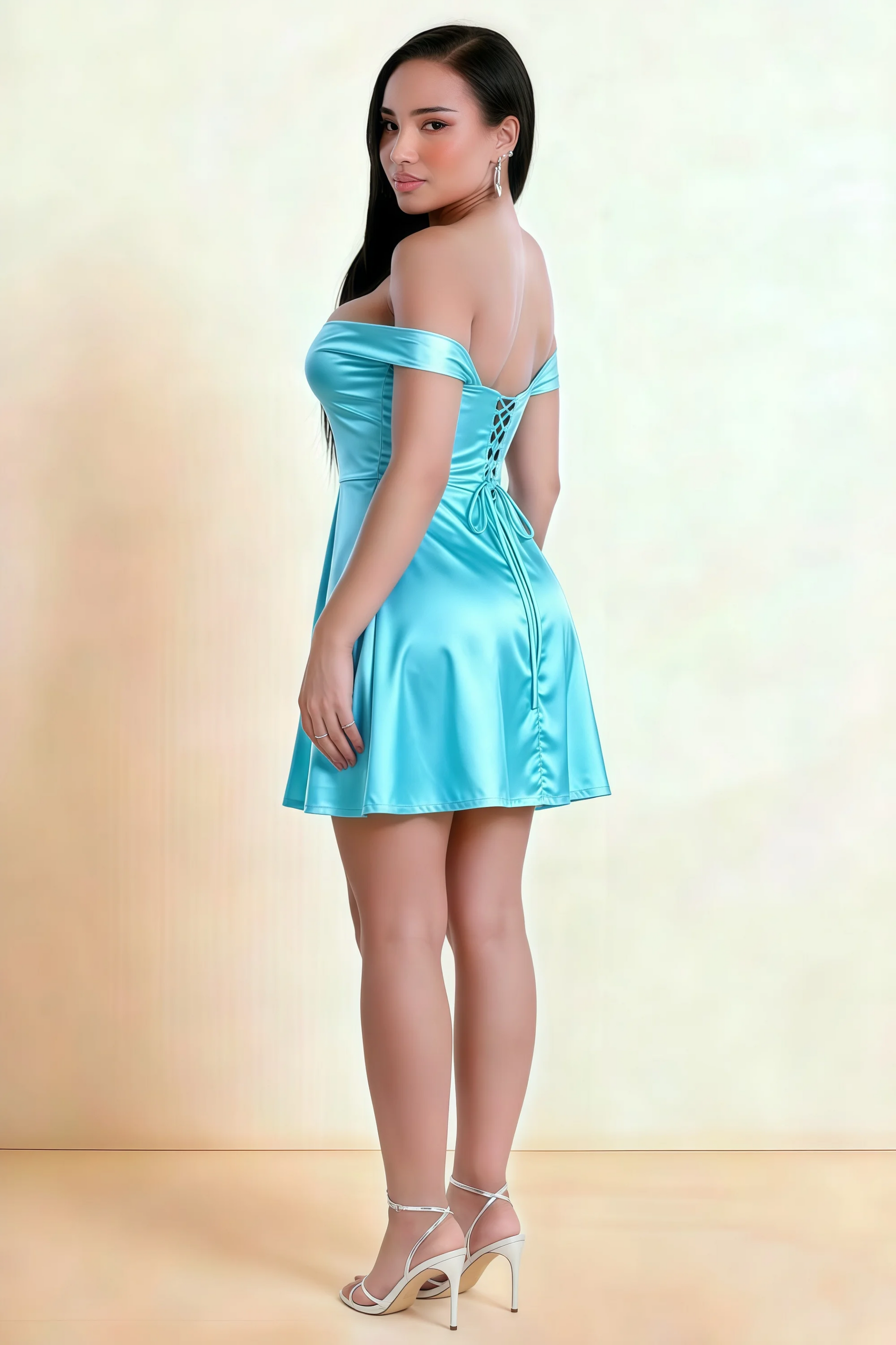 Anne Baby Blue Satin Off the Shoulder Corset Mini Dress