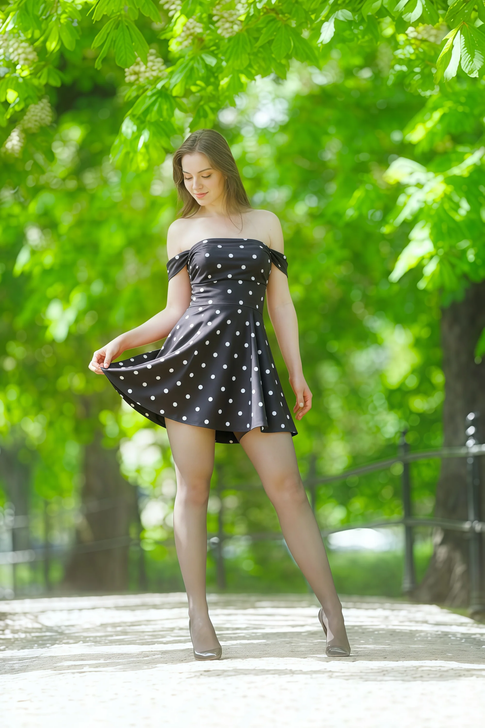 Anne Black Polka Dot Satin Off the Shoulder Corset Mini Dress