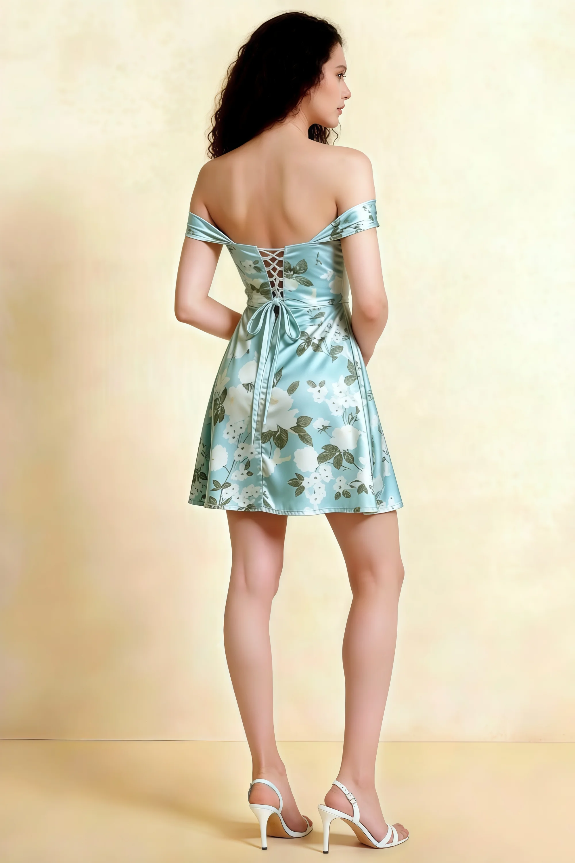 Anne Blue Floral Satin Off the Shoulder Corset Mini Dress Imagen secundaria del producto
