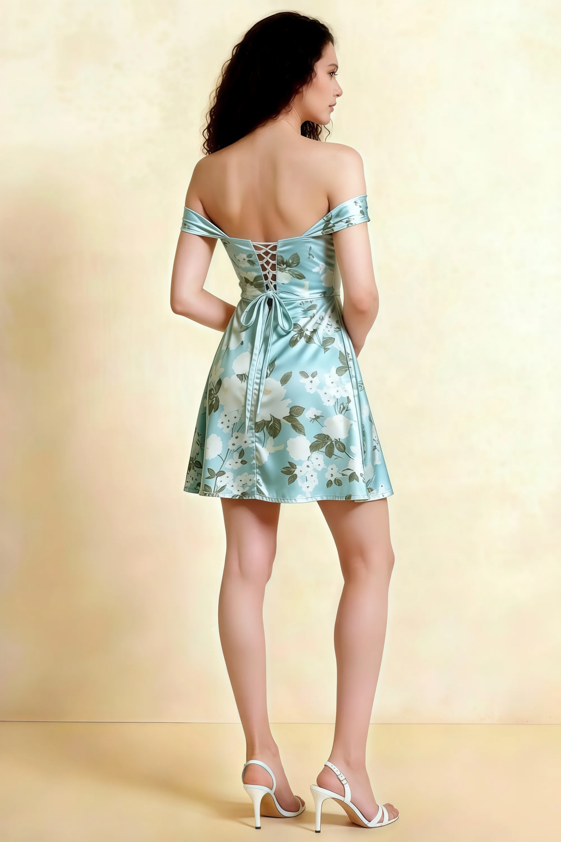 Anne Blue Floral Satin Off the Shoulder Corset Mini Dress