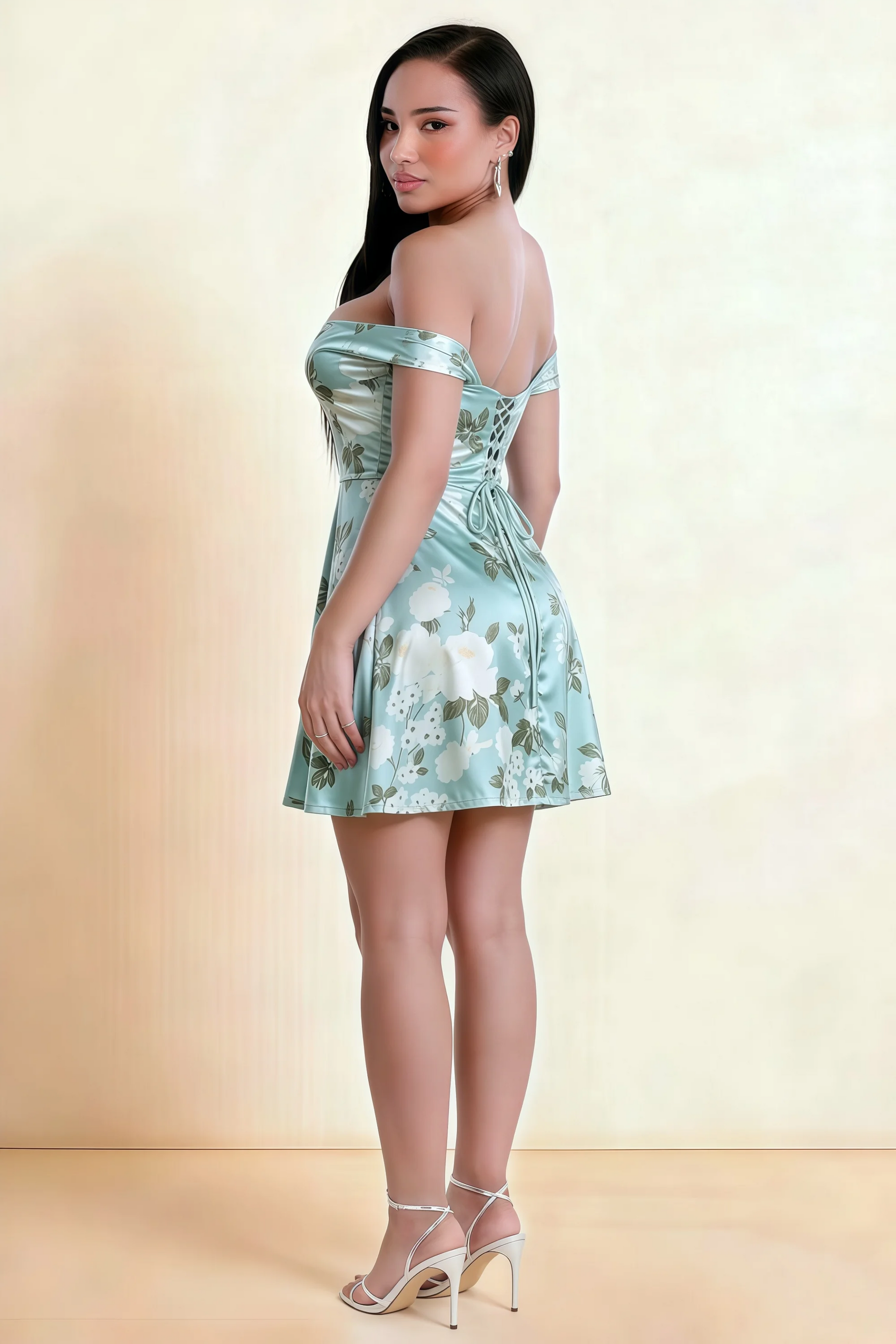 Anne Blue Floral Satin Off the Shoulder Corset Mini Dress