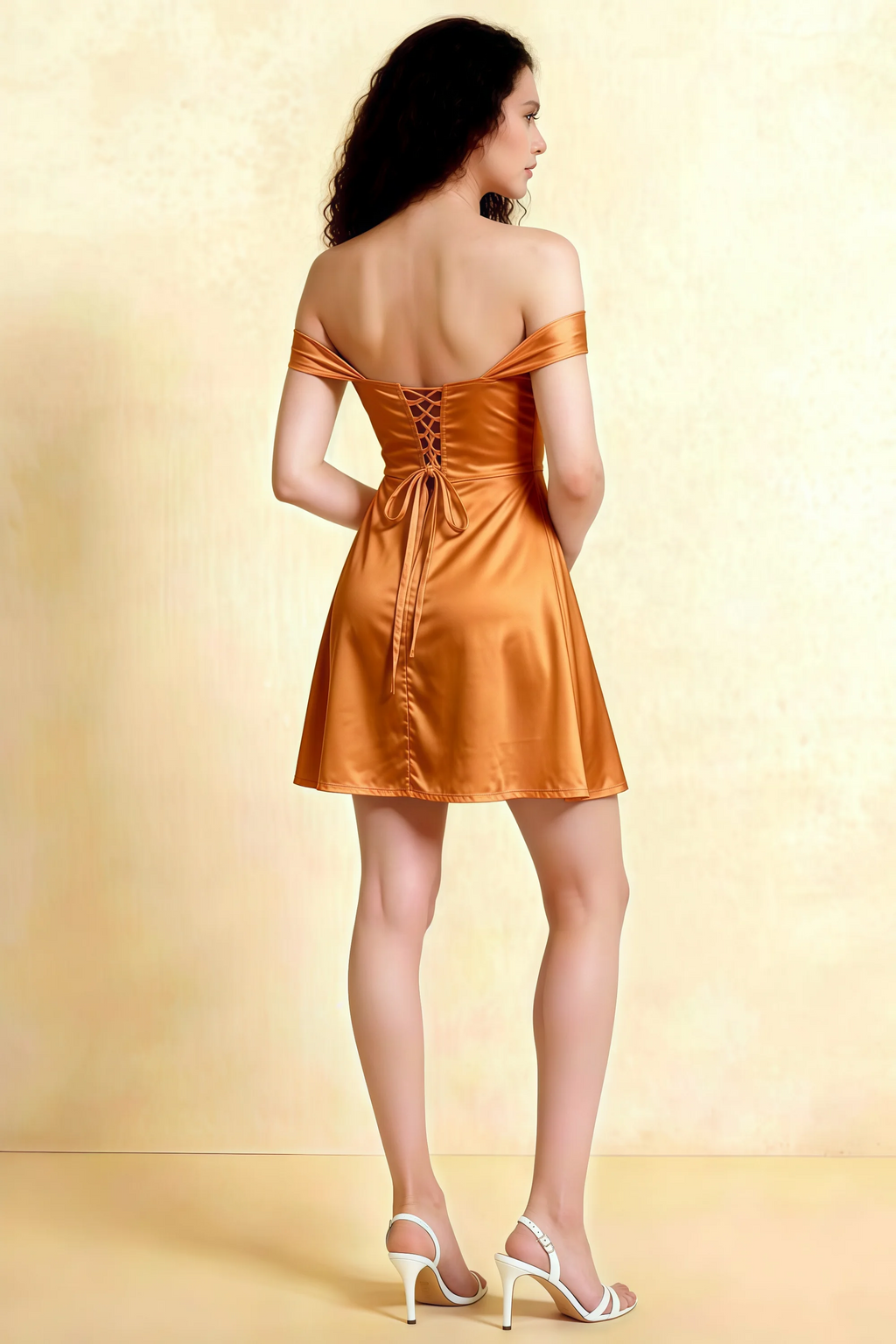 Anne Bronze Satin Off the Shoulder Corset Mini Dress