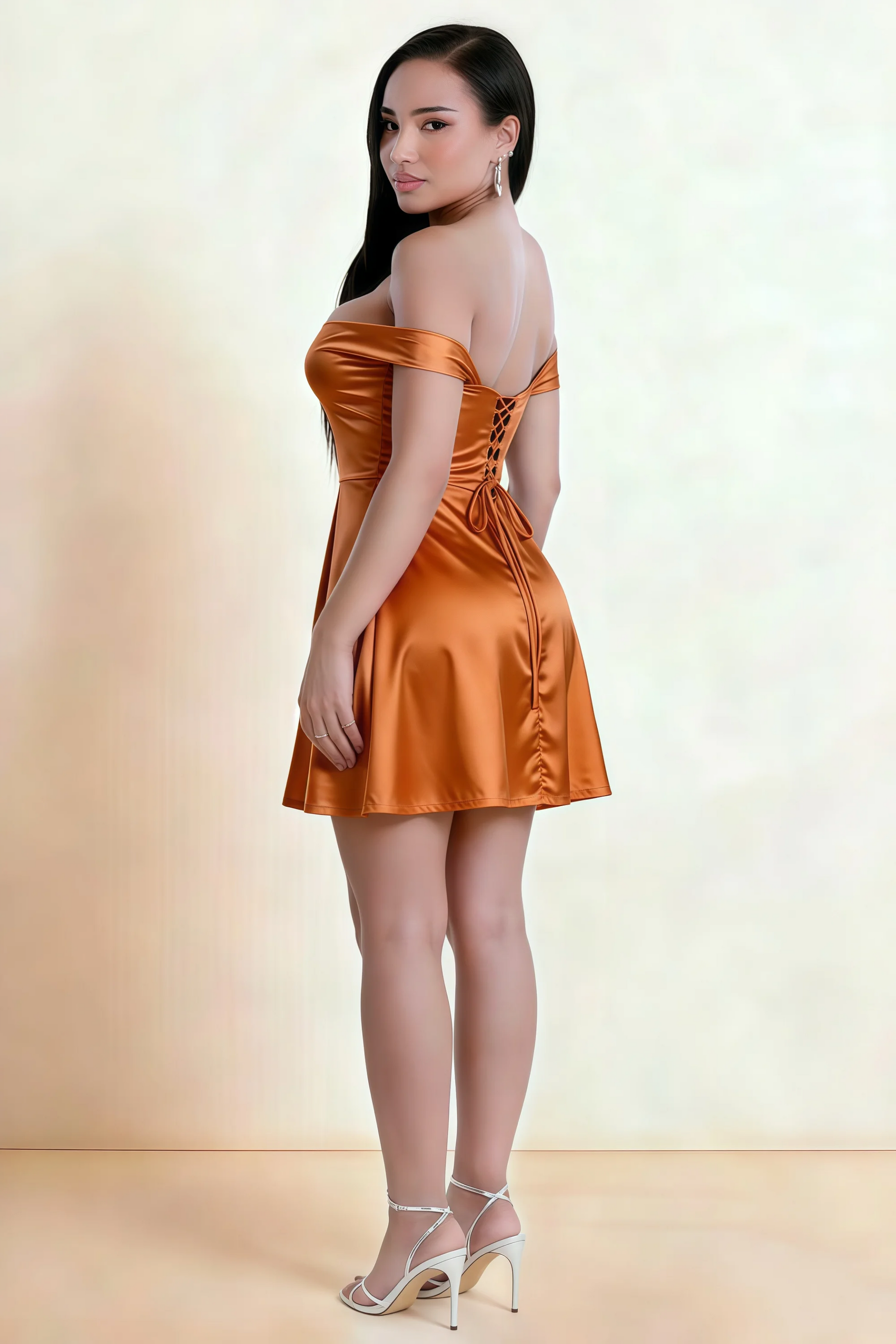 Anne Bronze Satin Off the Shoulder Corset Mini Dress