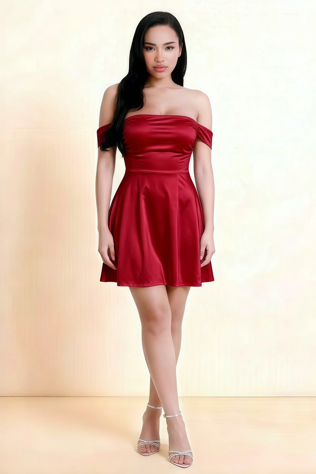 Anne Burgundy Satin Off the Shoulder Corset Mini Dress