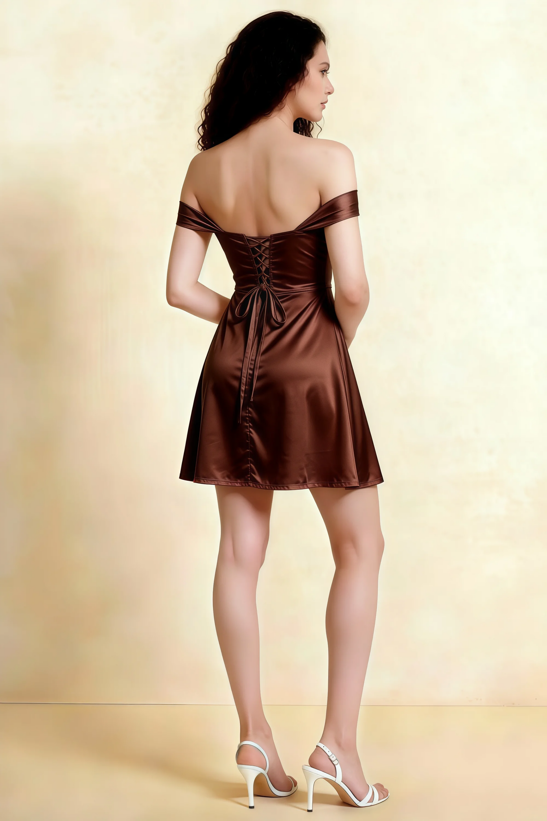 Anne Chocolate Satin Off the Shoulder Corset Mini Dress