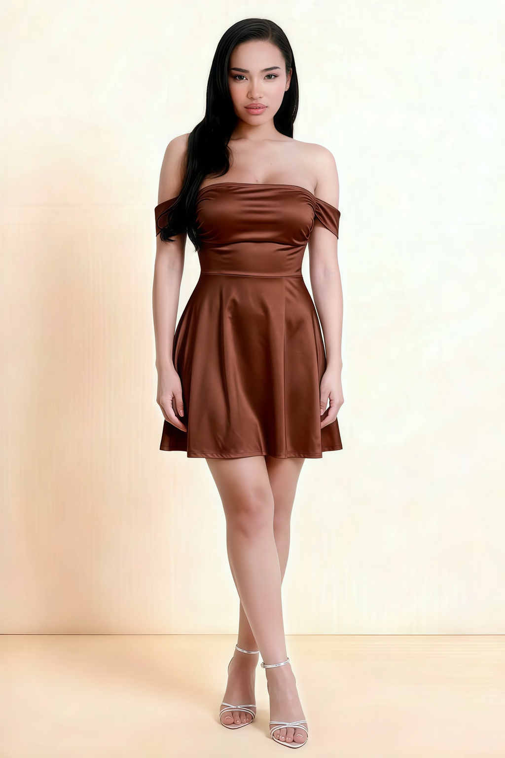 Anne Chocolate Satin Off the Shoulder Corset Mini Dress