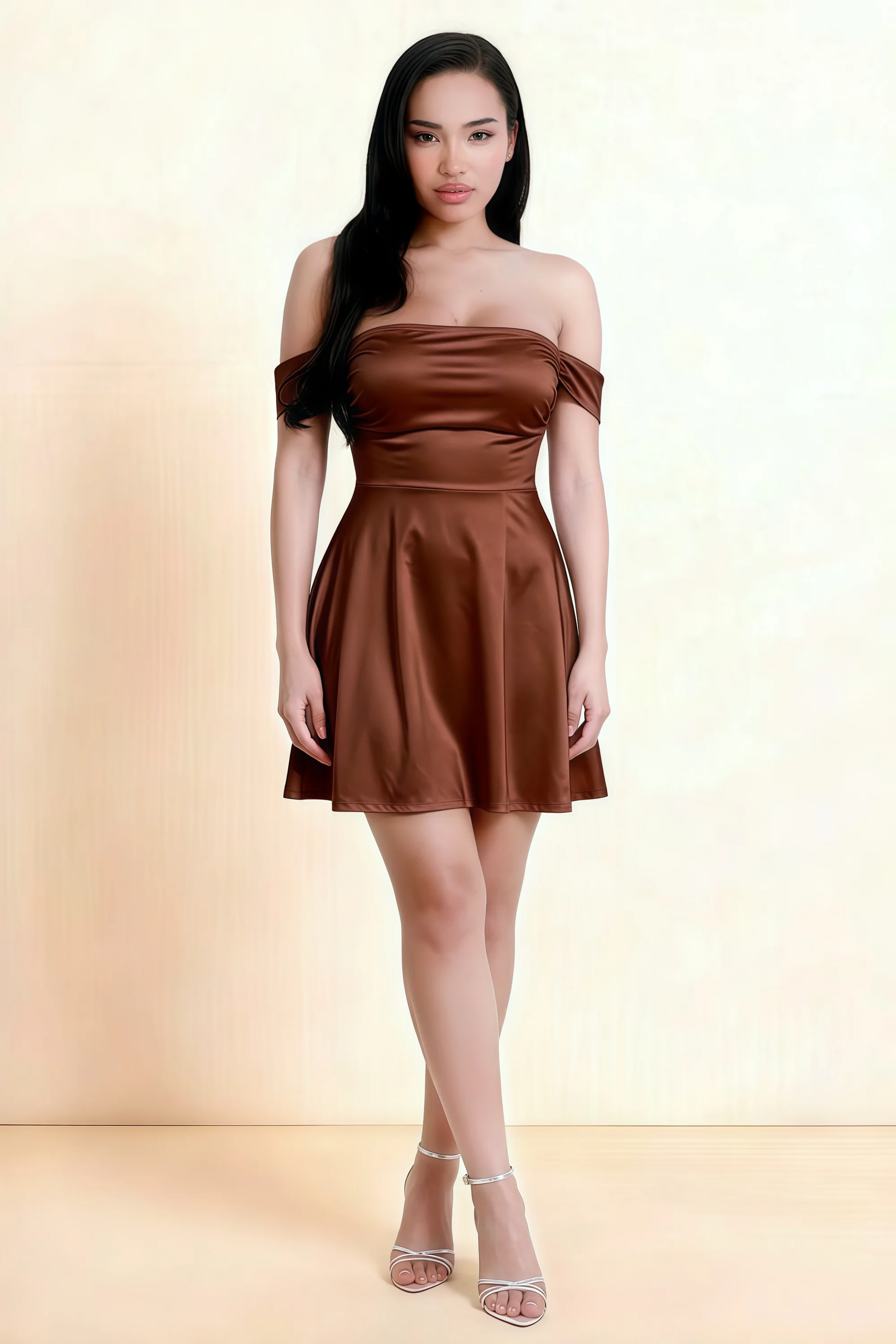Anne Chocolate Satin Off the Shoulder Corset Mini Dress