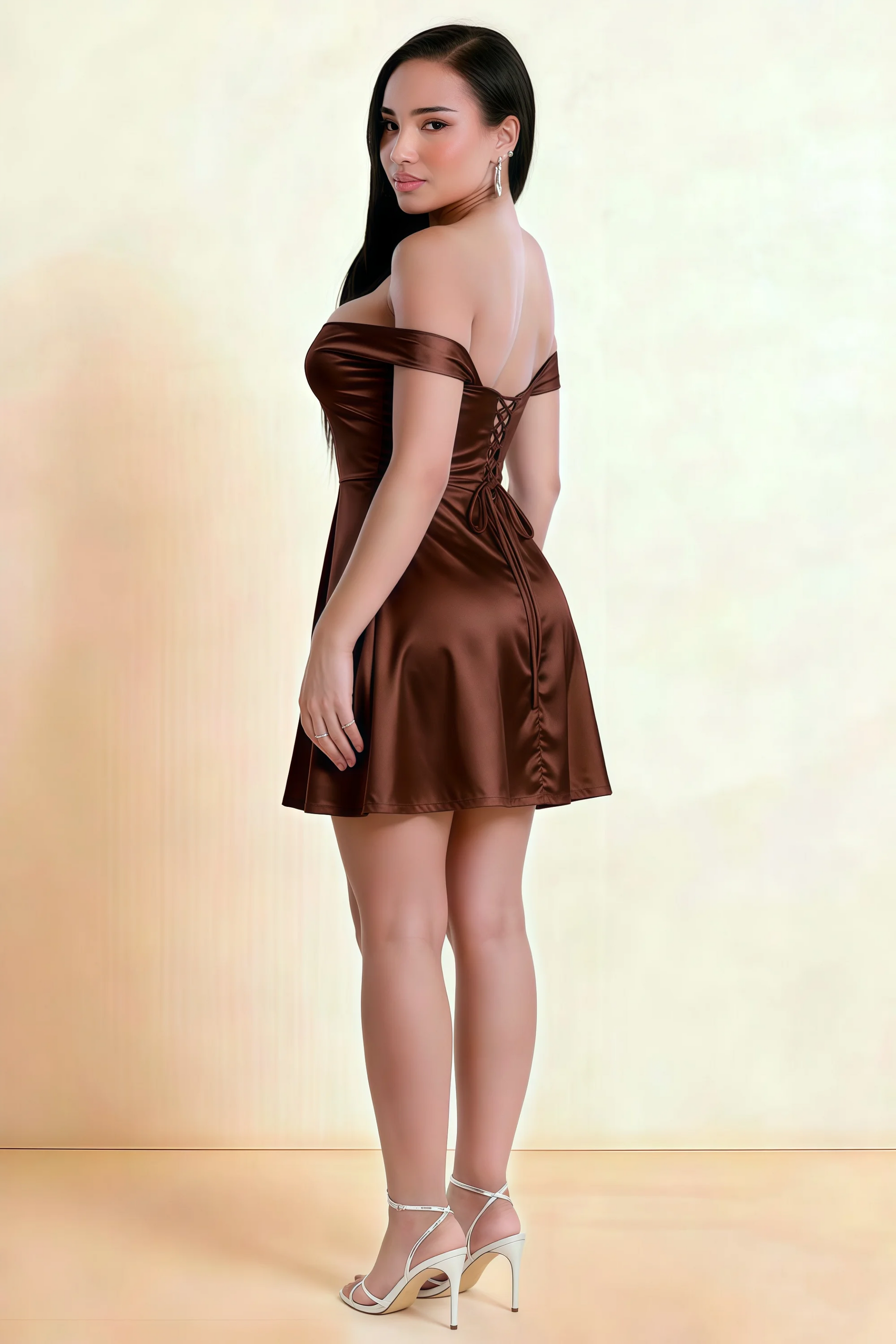 Anne Chocolate Satin Off the Shoulder Corset Mini Dress