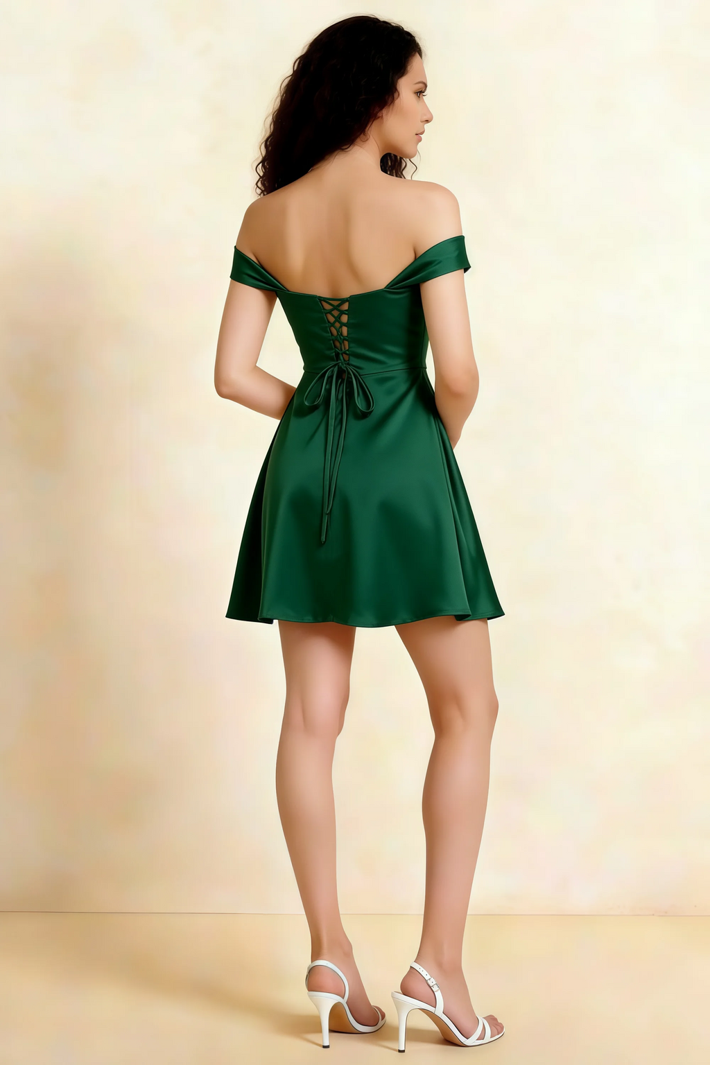 Anne Emerald Green Satin Off the Shoulder Corset Mini Dress