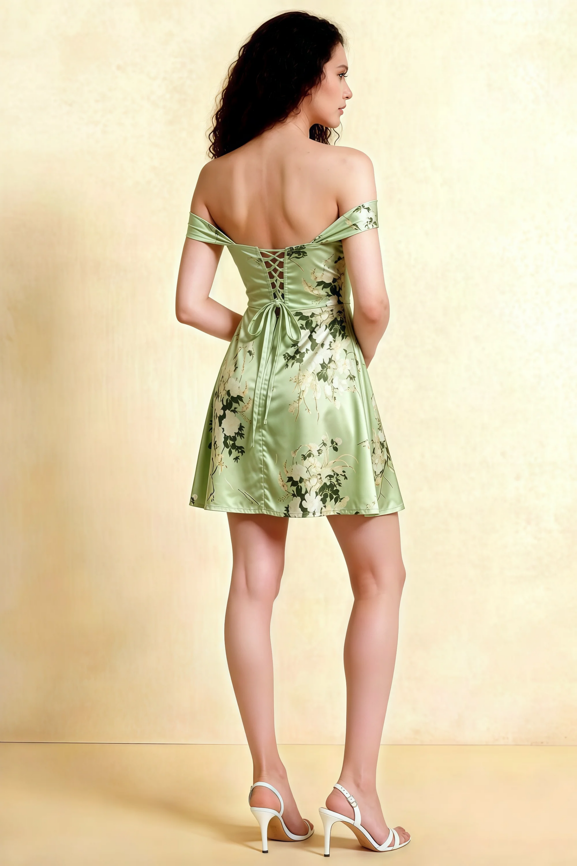 Anne Green Floral Satin Off the Shoulder Corset Mini Dress