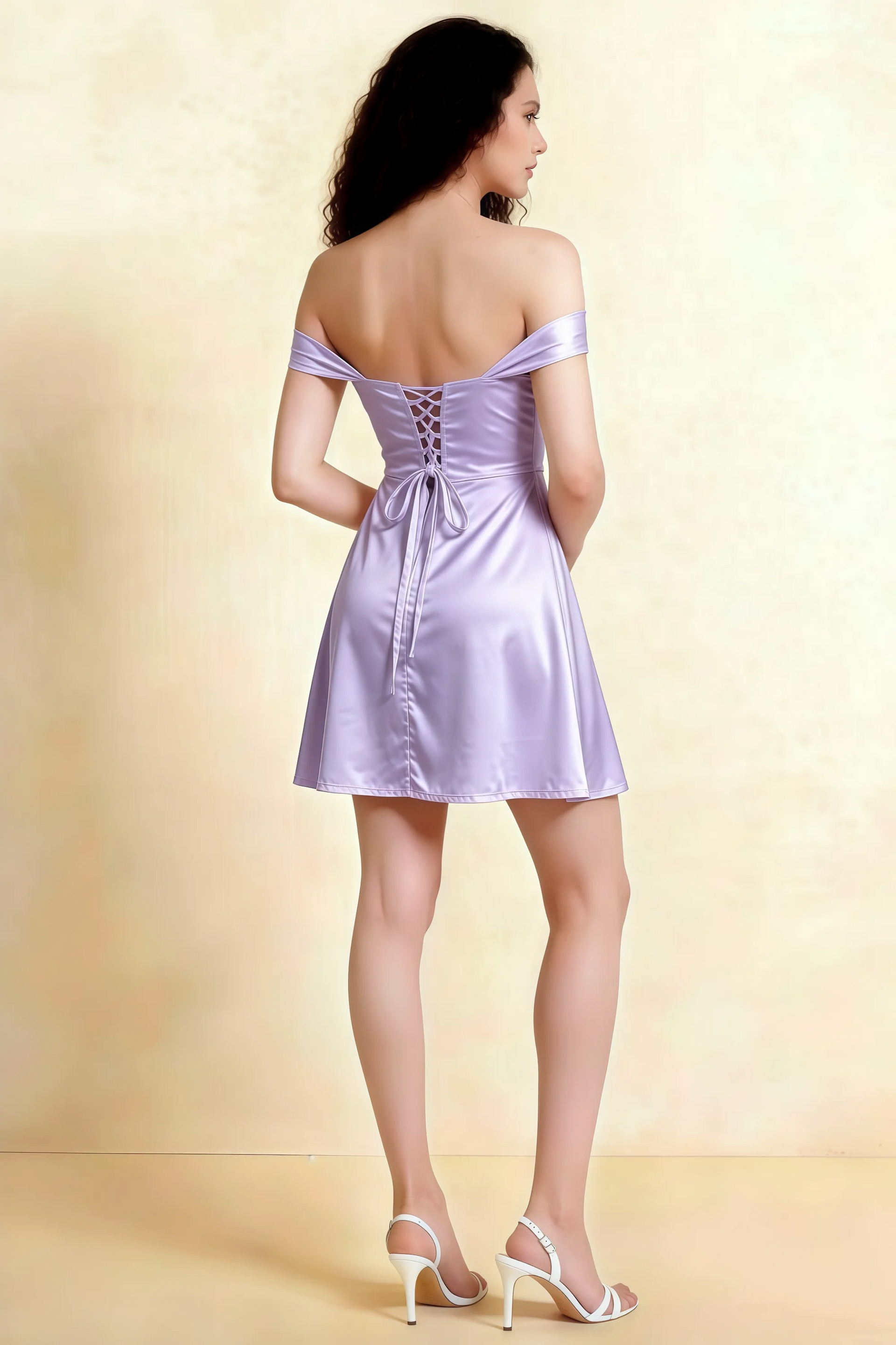 Anne Lavender Satin Off the Shoulder Corset Mini Dress
