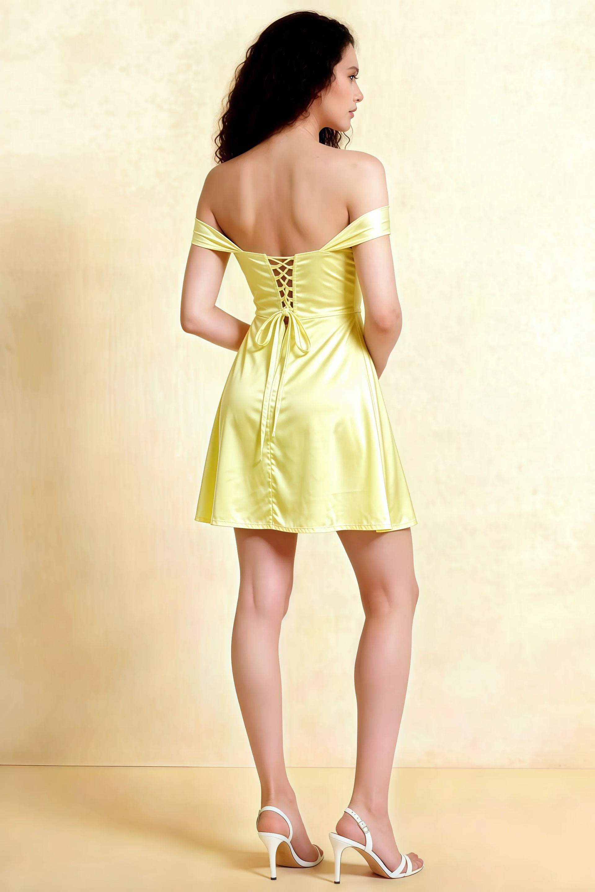 Anne Lemon Satin Off the Shoulder Corset Mini Dress