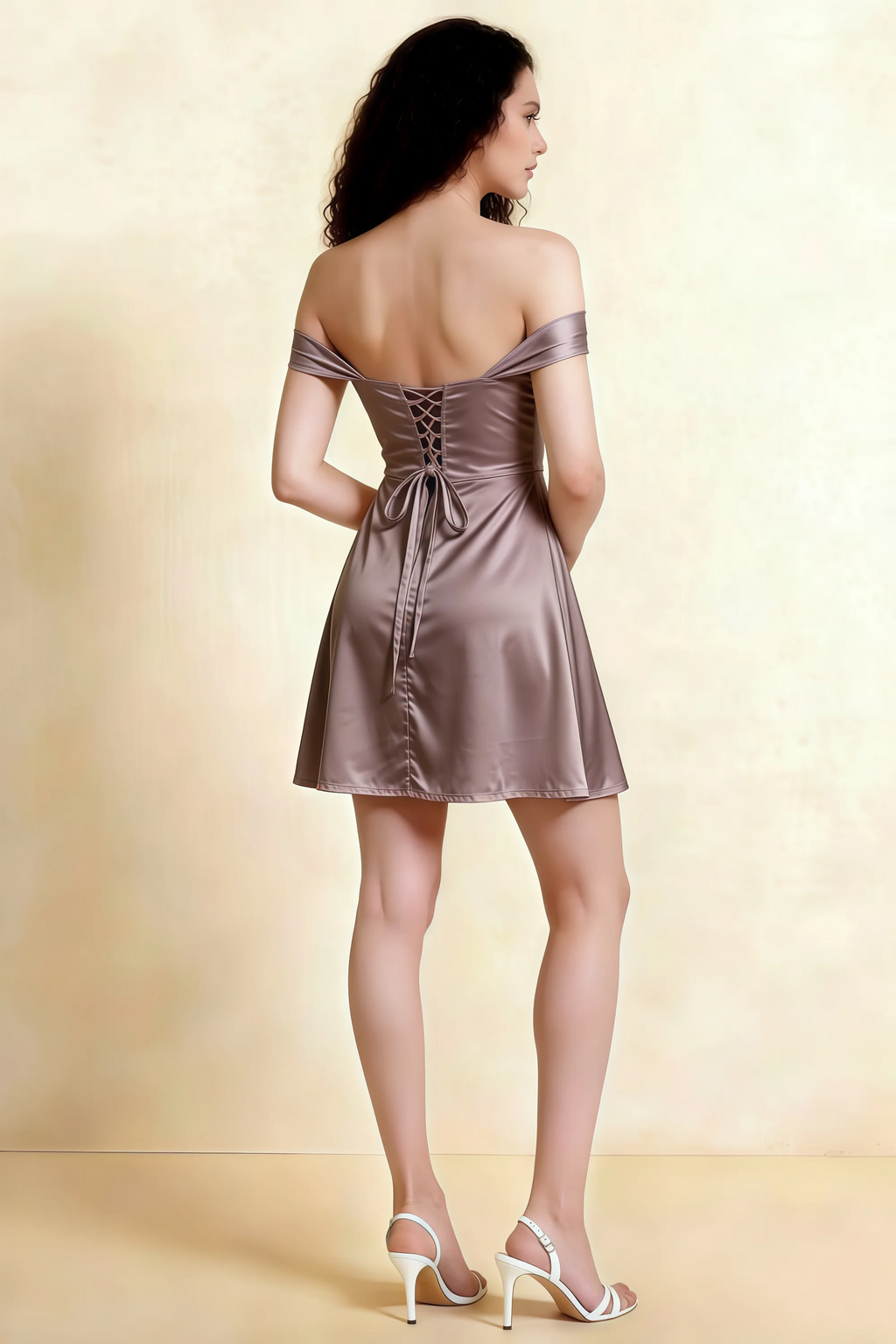 Anne Taupe Satin Off the Shoulder Corset Mini Dress