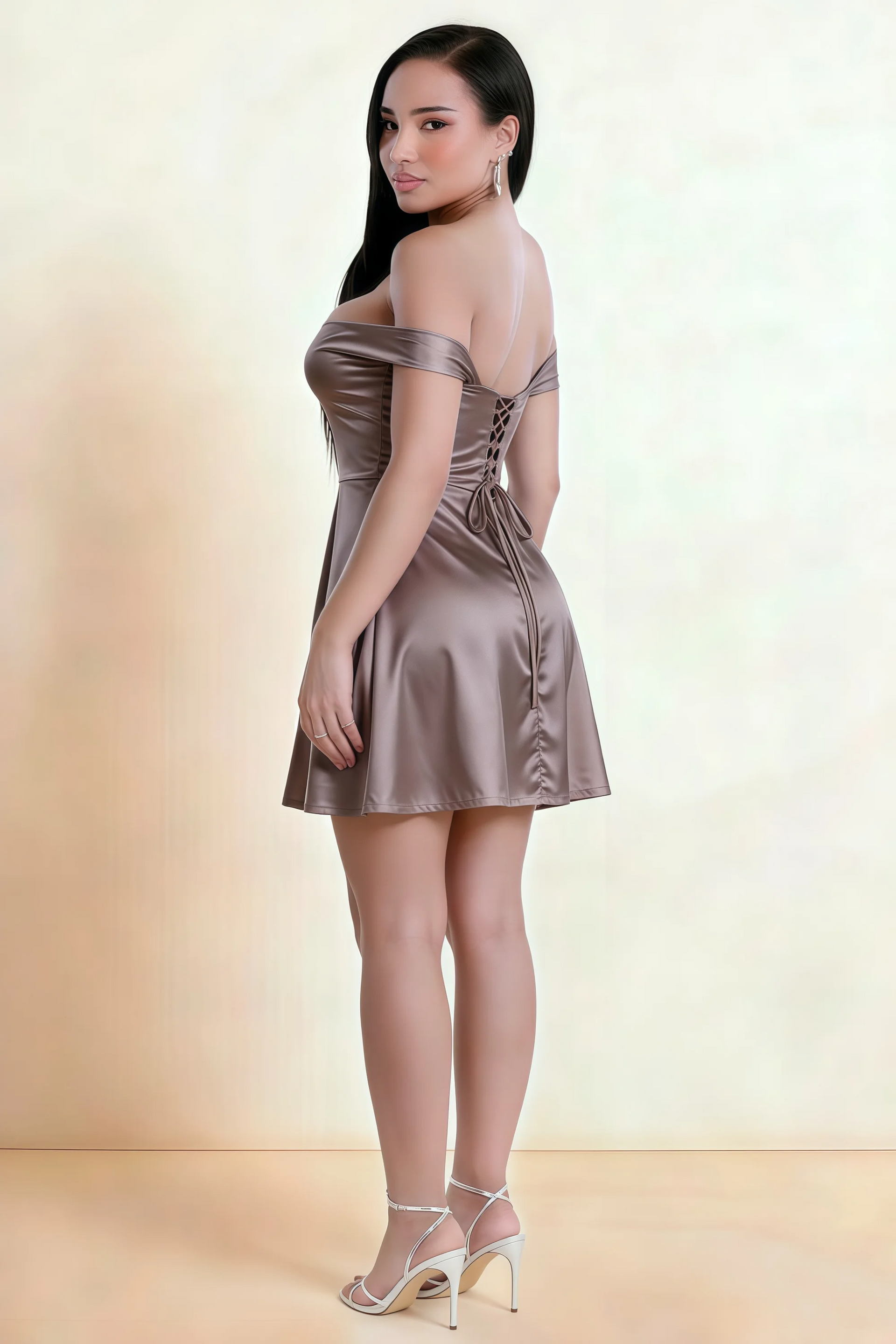 Anne Taupe Satin Off the Shoulder Corset Mini Dress