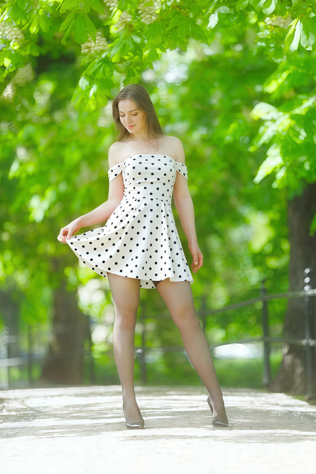 Anne White Polka Dot Satin Off the Shoulder Corset Mini Dress