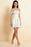 White satin off the shoulder corset mini dress, front view studio shot for cocktail party outfit inspiration.
