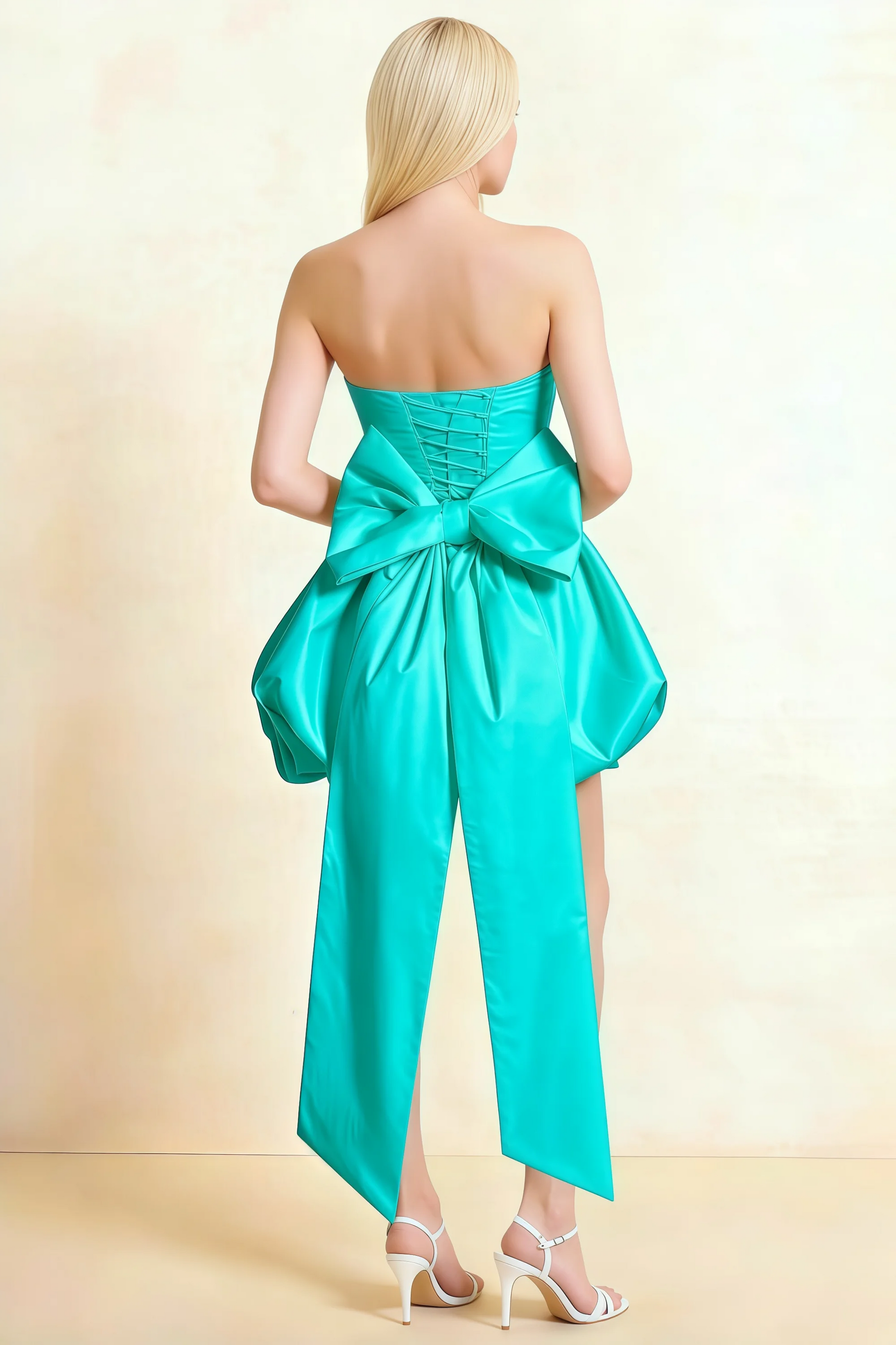 Annie Aqua Satin Corset Bow Mini Dress with Bubble Hems