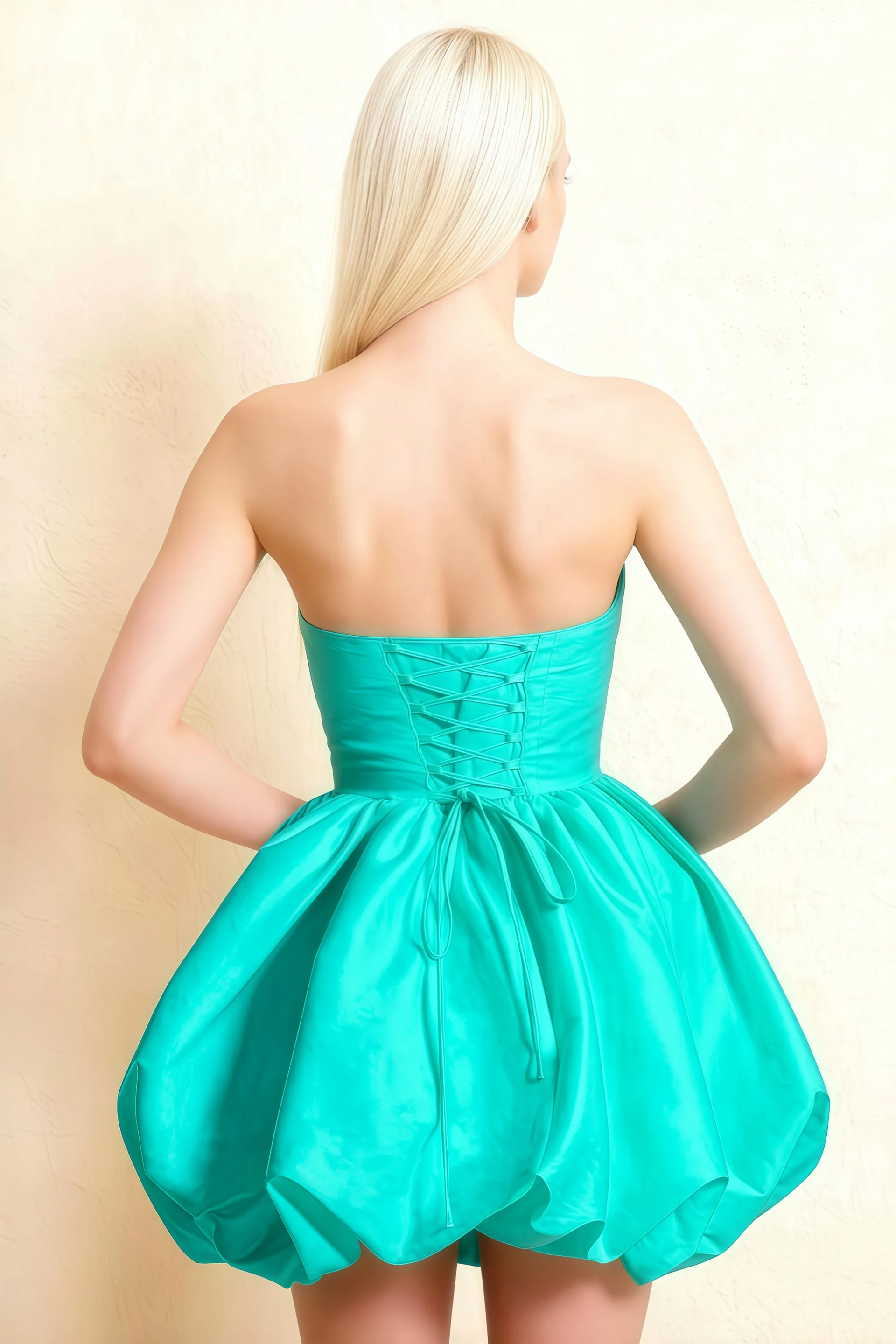 Annie Aqua Satin Corset Bow Mini Dress with Bubble Hems