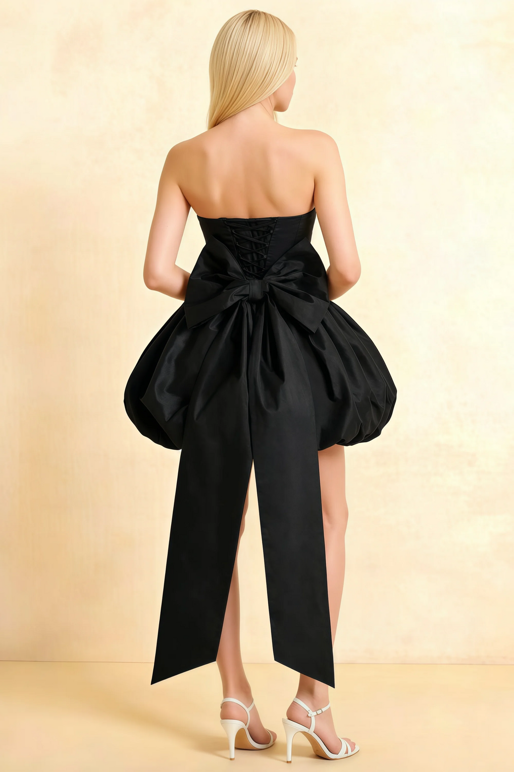 Annie Black  Satin Corset Bow Mini Dress with Bubble Hems
