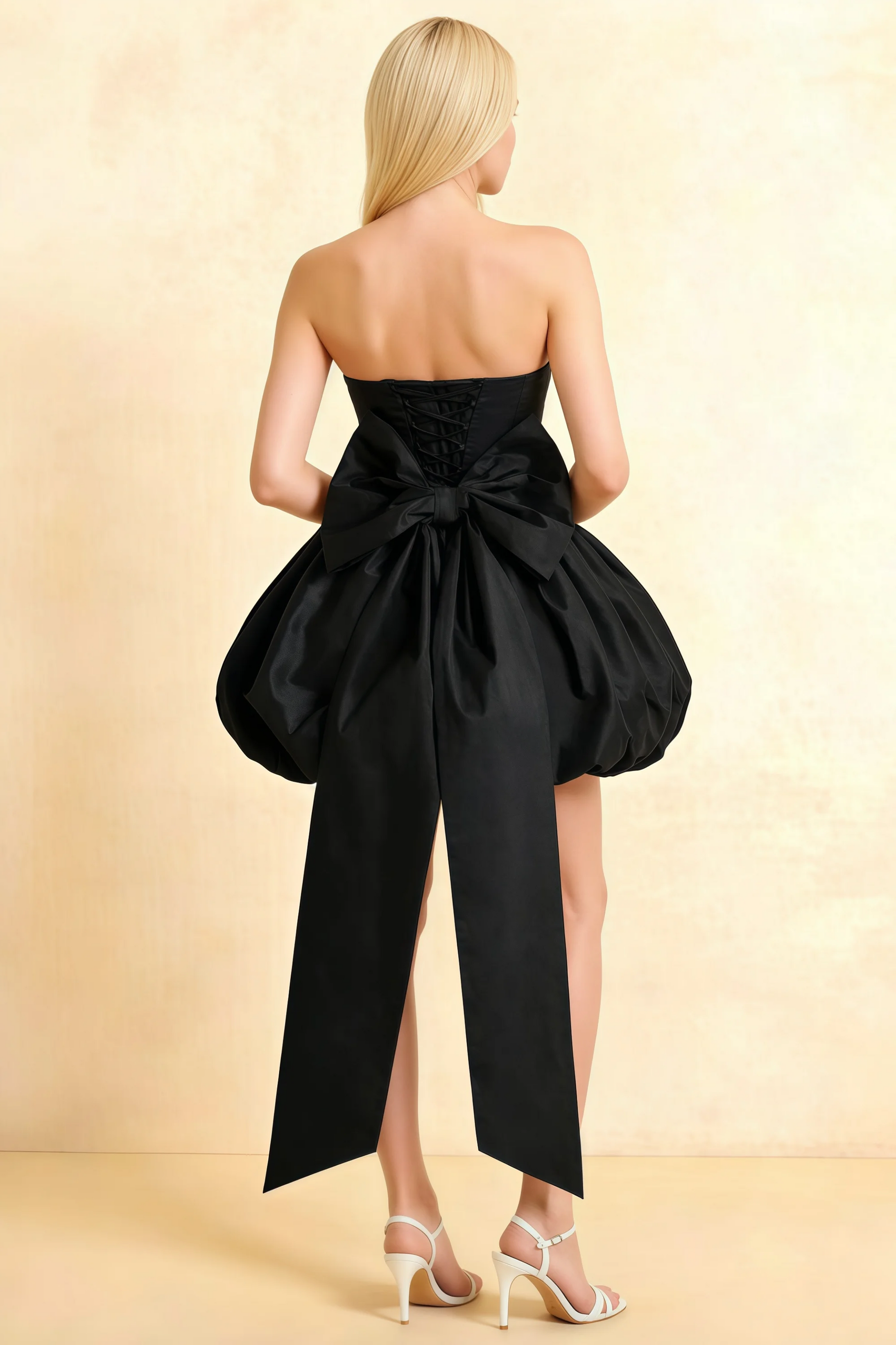 Annie Black  Satin Corset Bow Mini Dress with Bubble Hems