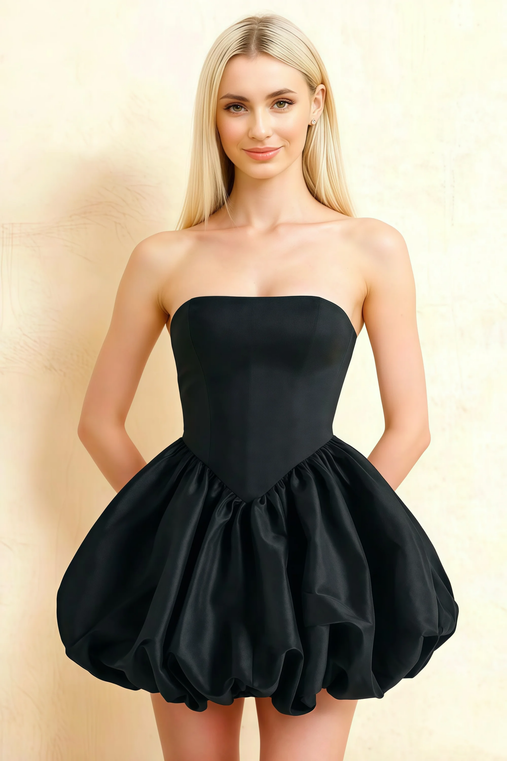Annie Black  Satin Corset Bow Mini Dress with Bubble Hems