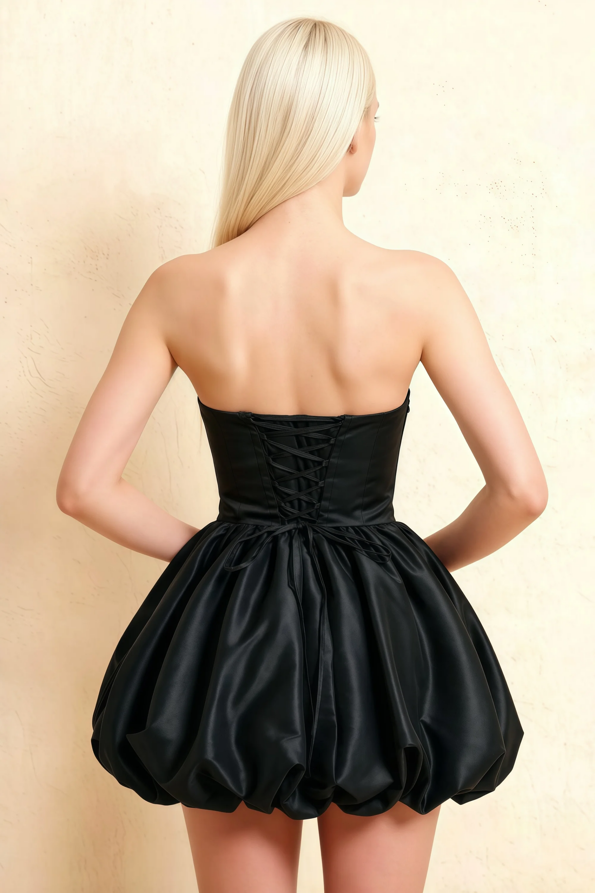 Annie Black  Satin Corset Bow Mini Dress with Bubble Hems