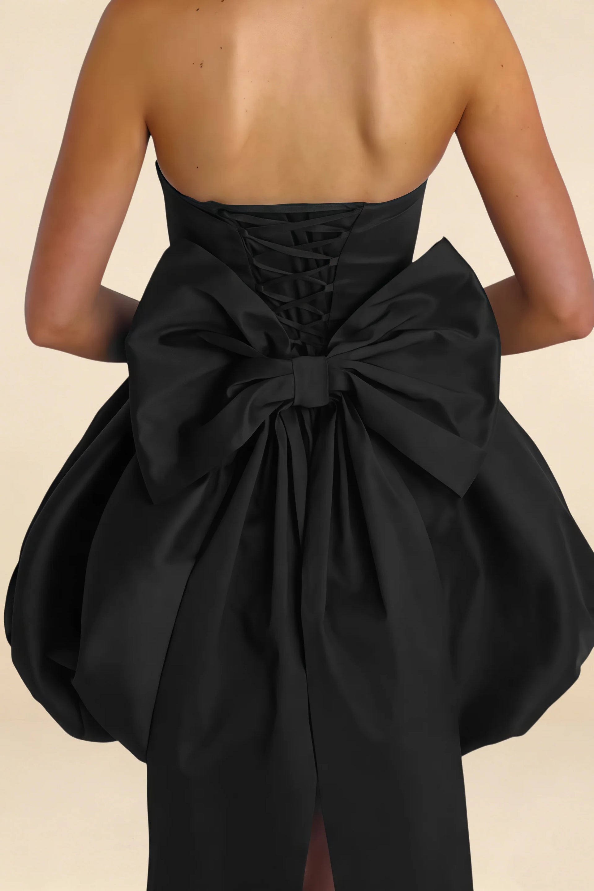 Annie Black  Satin Corset Bow Mini Dress with Bubble Hems