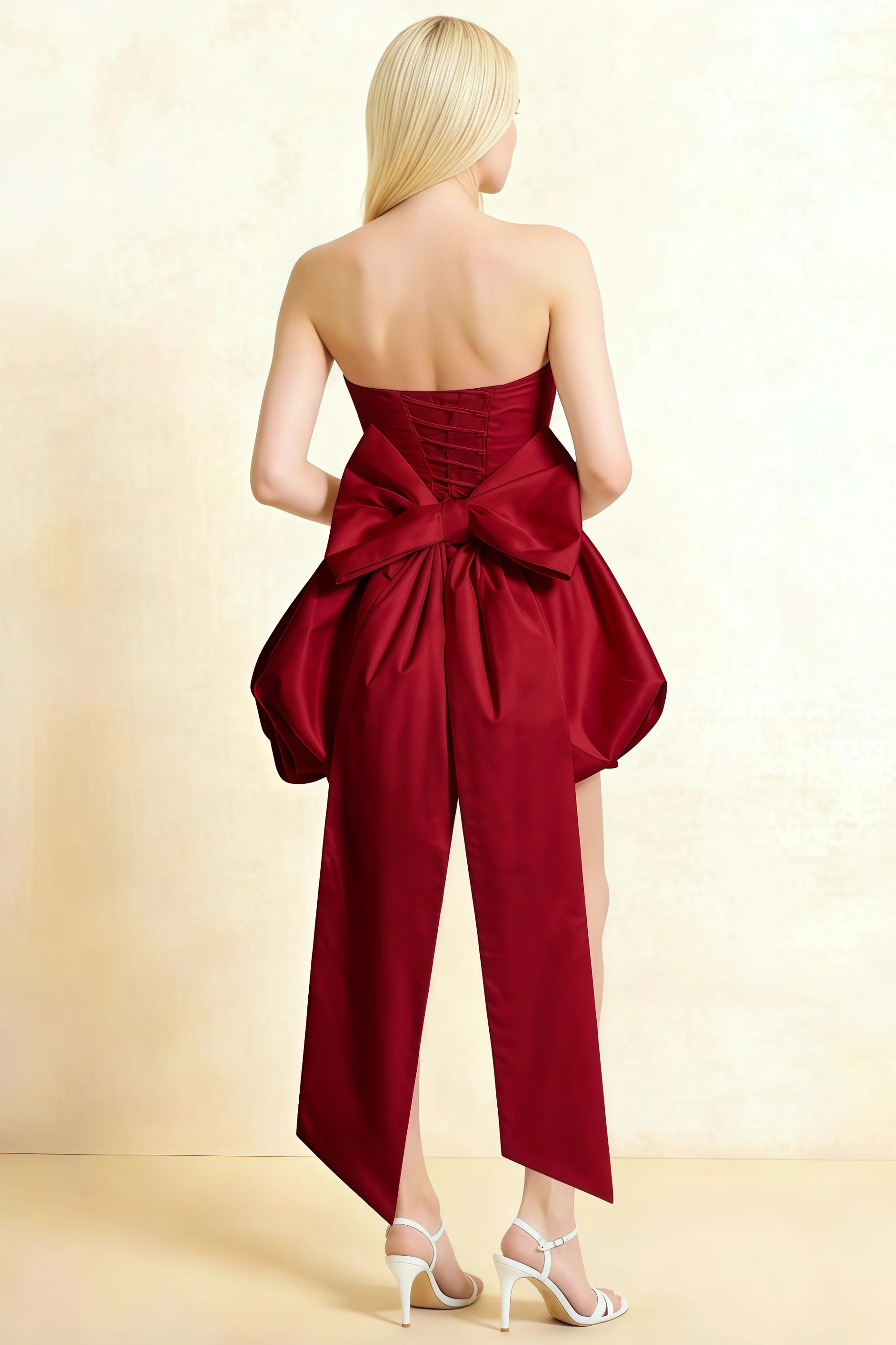 Annie Burgundy Satin Corset Bow Mini Dress with Bubble Hems Secondary image