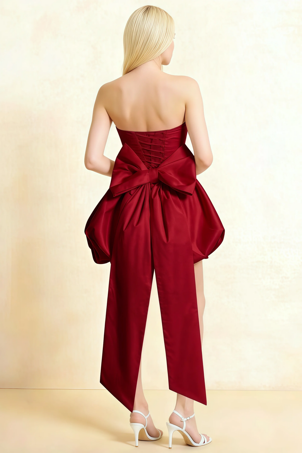 Annie Burgundy Satin Corset Bow Mini Dress with Bubble Hems