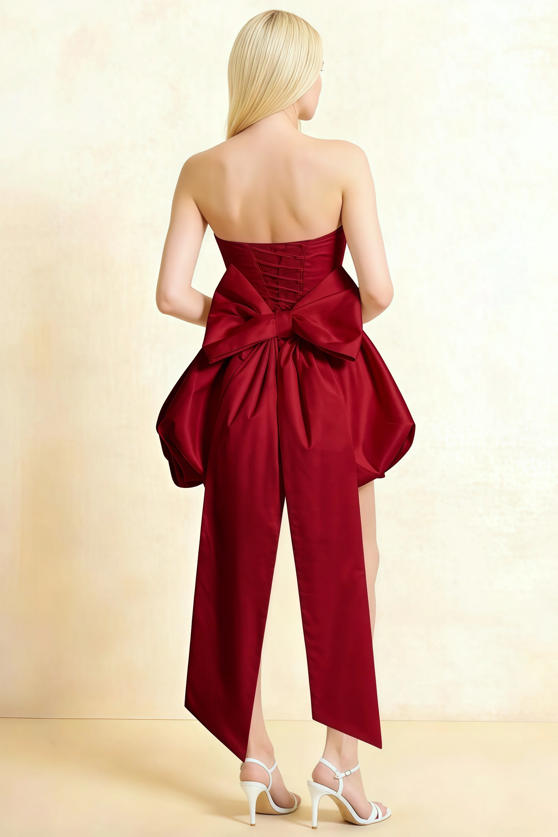 Annie Burgundy Satin Corset Bow Mini Dress with Bubble Hems