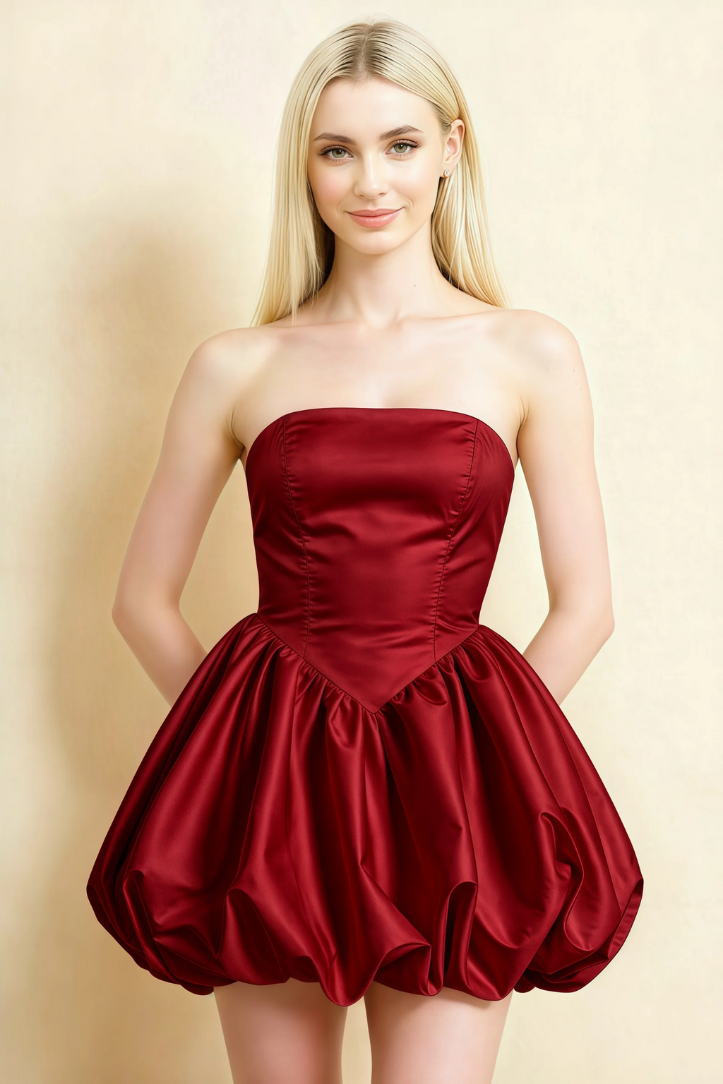 Annie Burgundy Satin Corset Bow Mini Dress with Bubble Hems