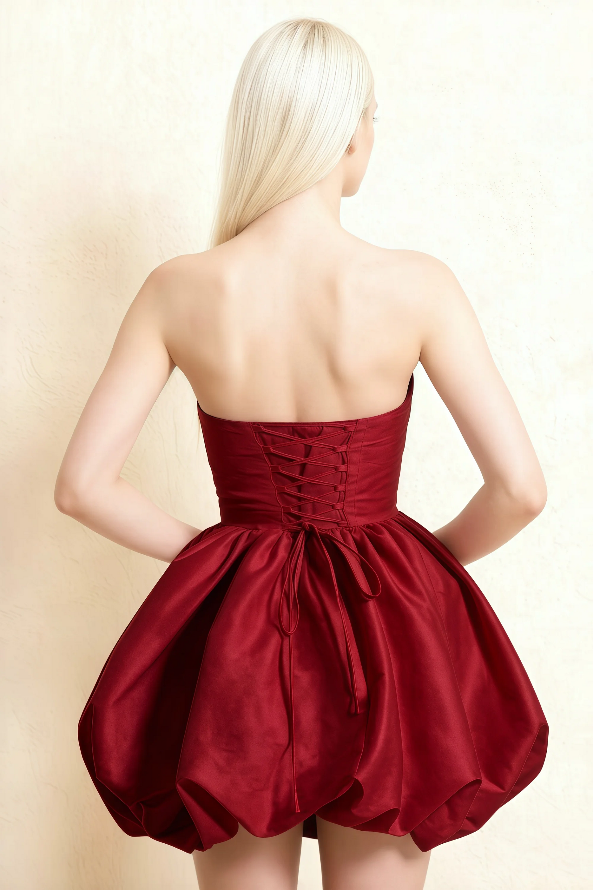 Annie Burgundy Satin Corset Bow Mini Dress with Bubble Hems