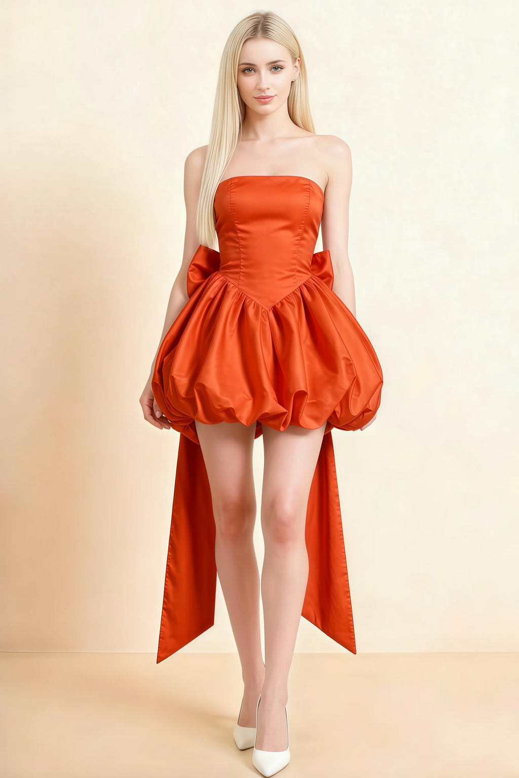 Annie Burnt Orange Satin Corset Bow Mini Dress with Bubble Hems