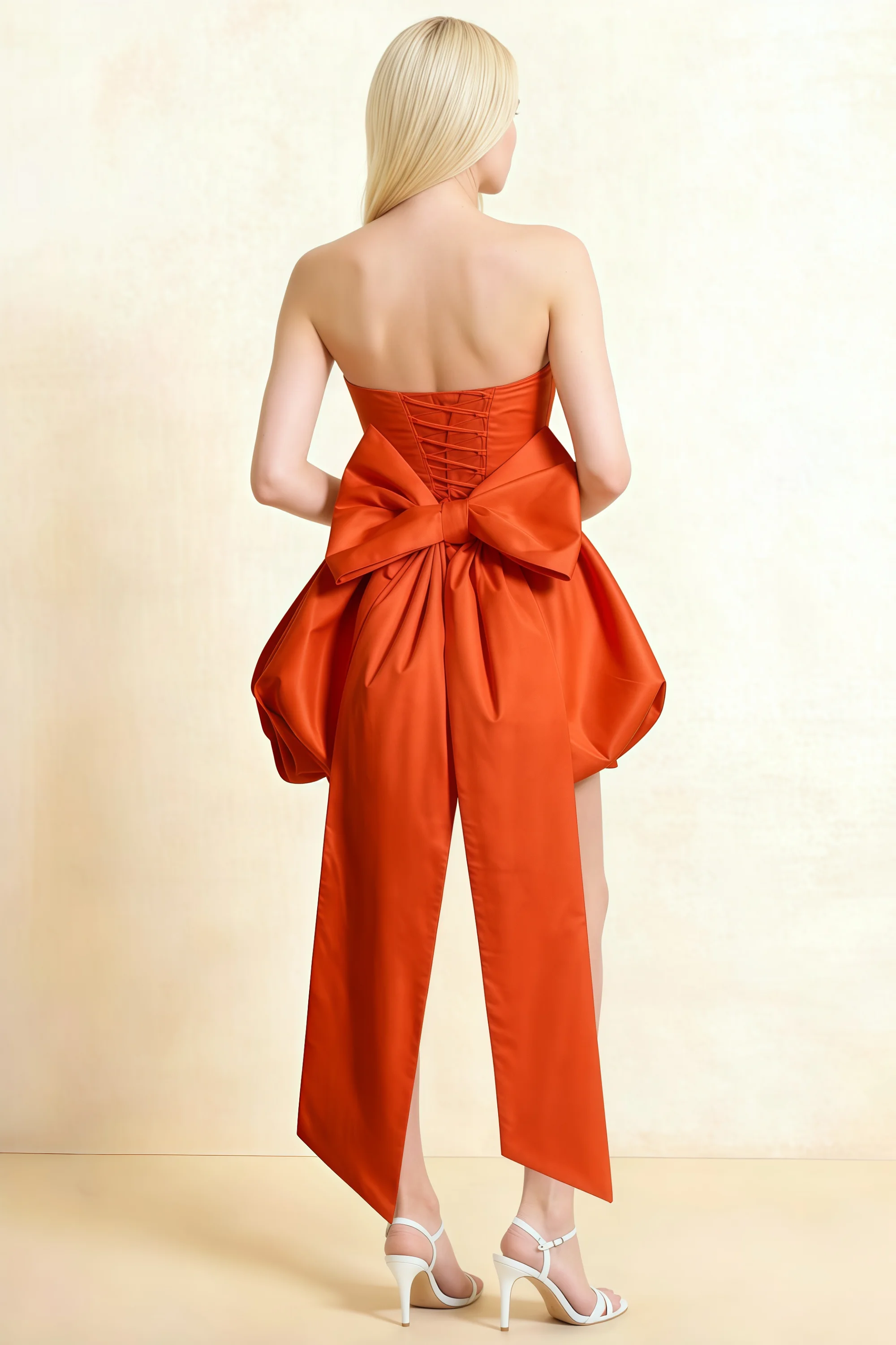 Annie Burnt Orange Satin Corset Bow Mini Dress with Bubble Hems Secondary image
