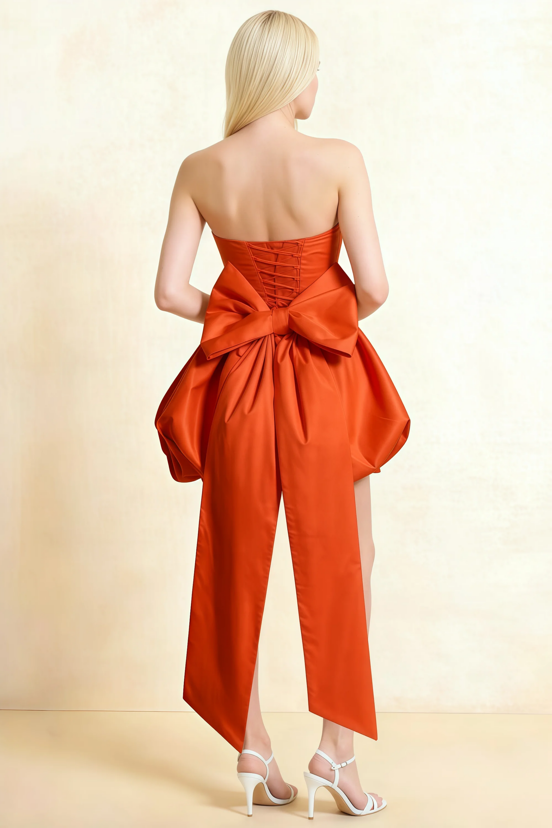Annie Burnt Orange Satin Corset Bow Mini Dress with Bubble Hems