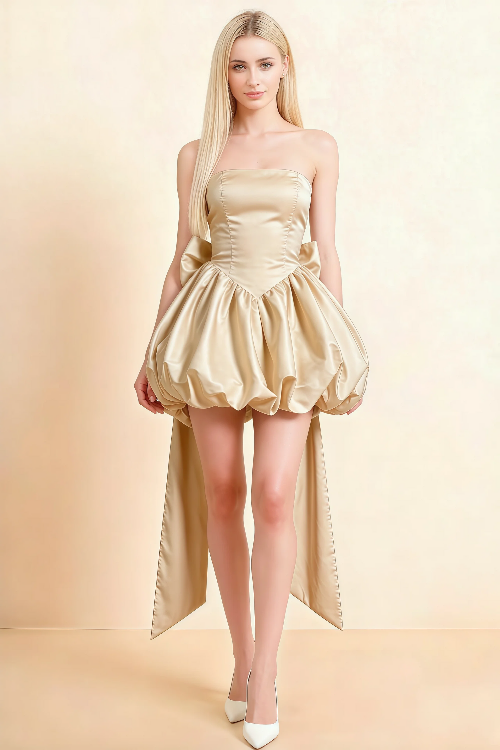 Annie Champagne Satin Corset Bow Mini Dress with Bubble Hems