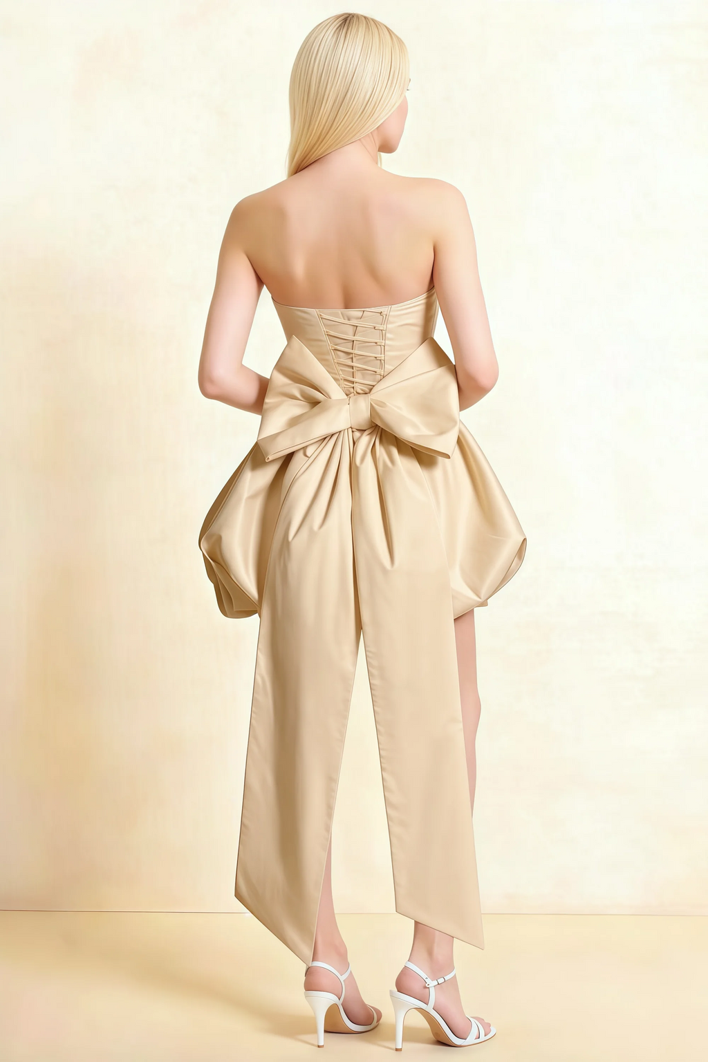 Annie Champagne Satin Corset Bow Mini Dress with Bubble Hems