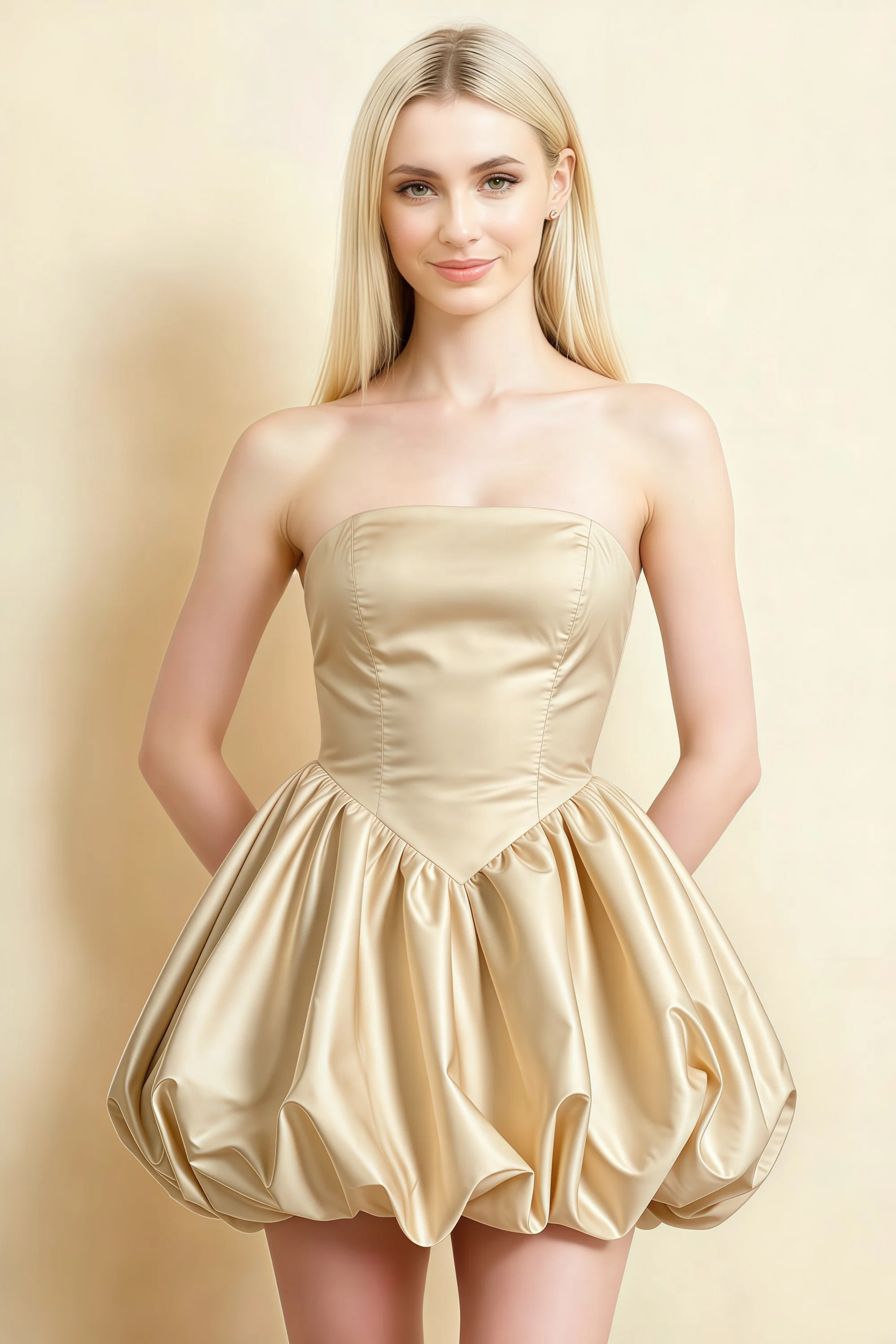 Annie Champagne Satin Corset Bow Mini Dress with Bubble Hems