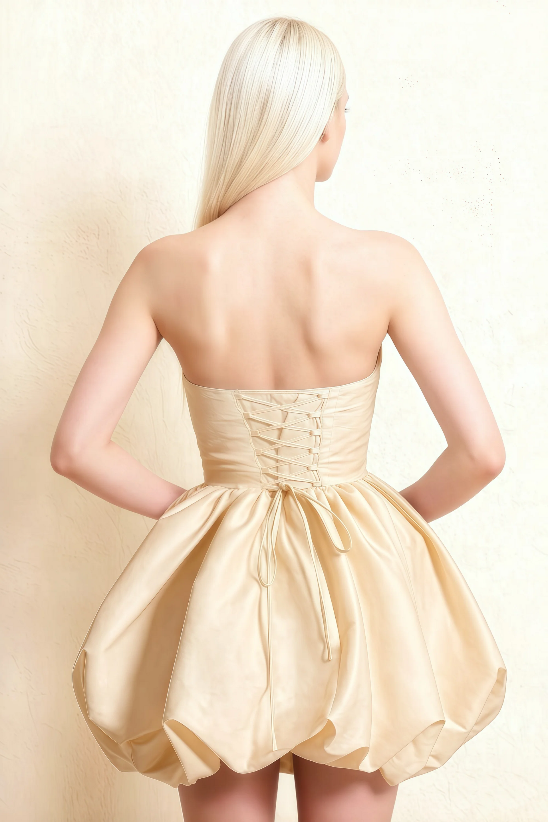 Annie Champagne Satin Corset Bow Mini Dress with Bubble Hems