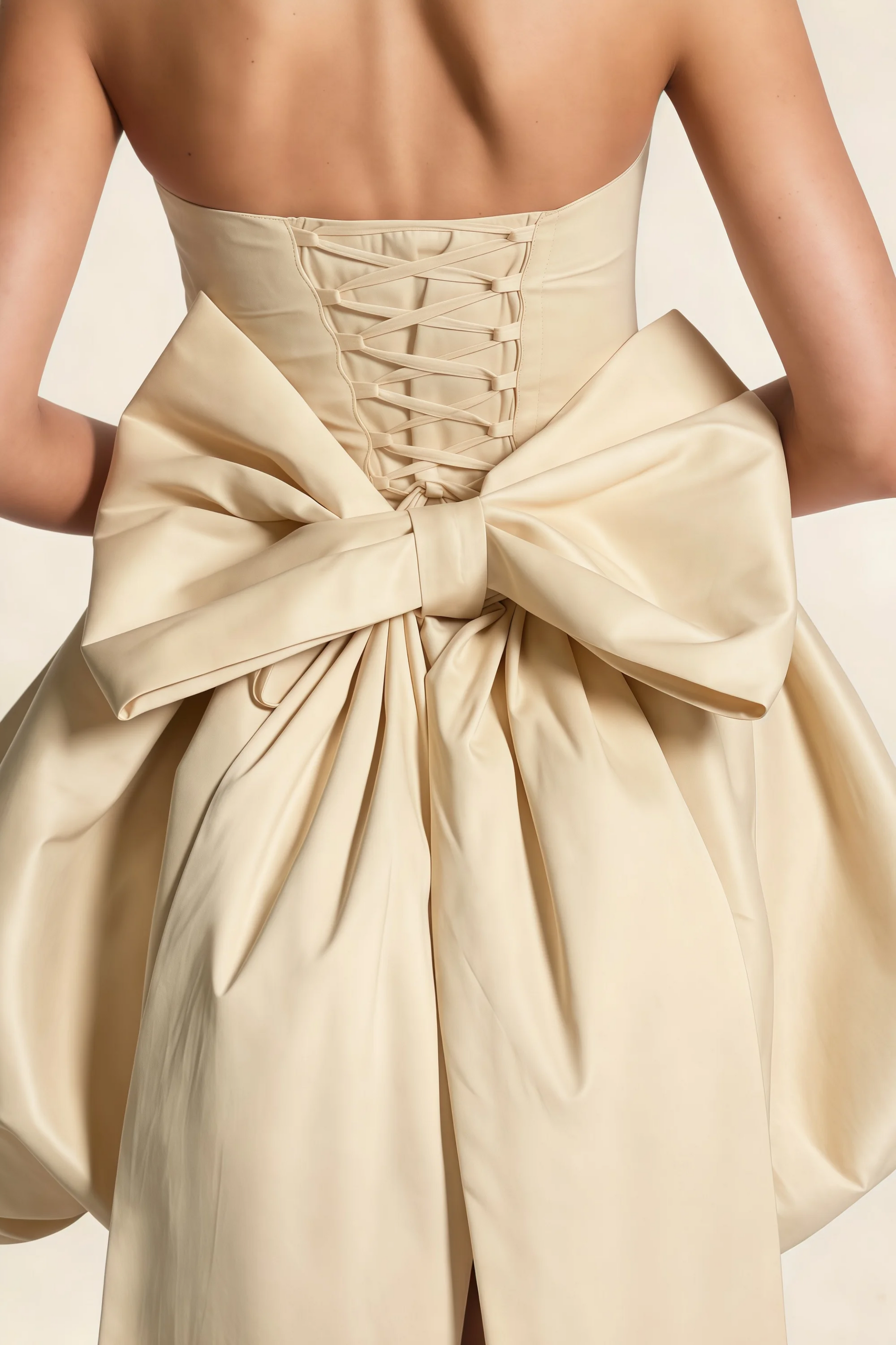 Annie Champagne Satin Corset Bow Mini Dress with Bubble Hems