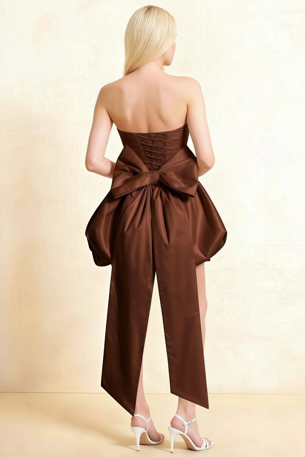 Annie Chocolate Brown Satin Corset Bow Mini Dress with Bubble Hems