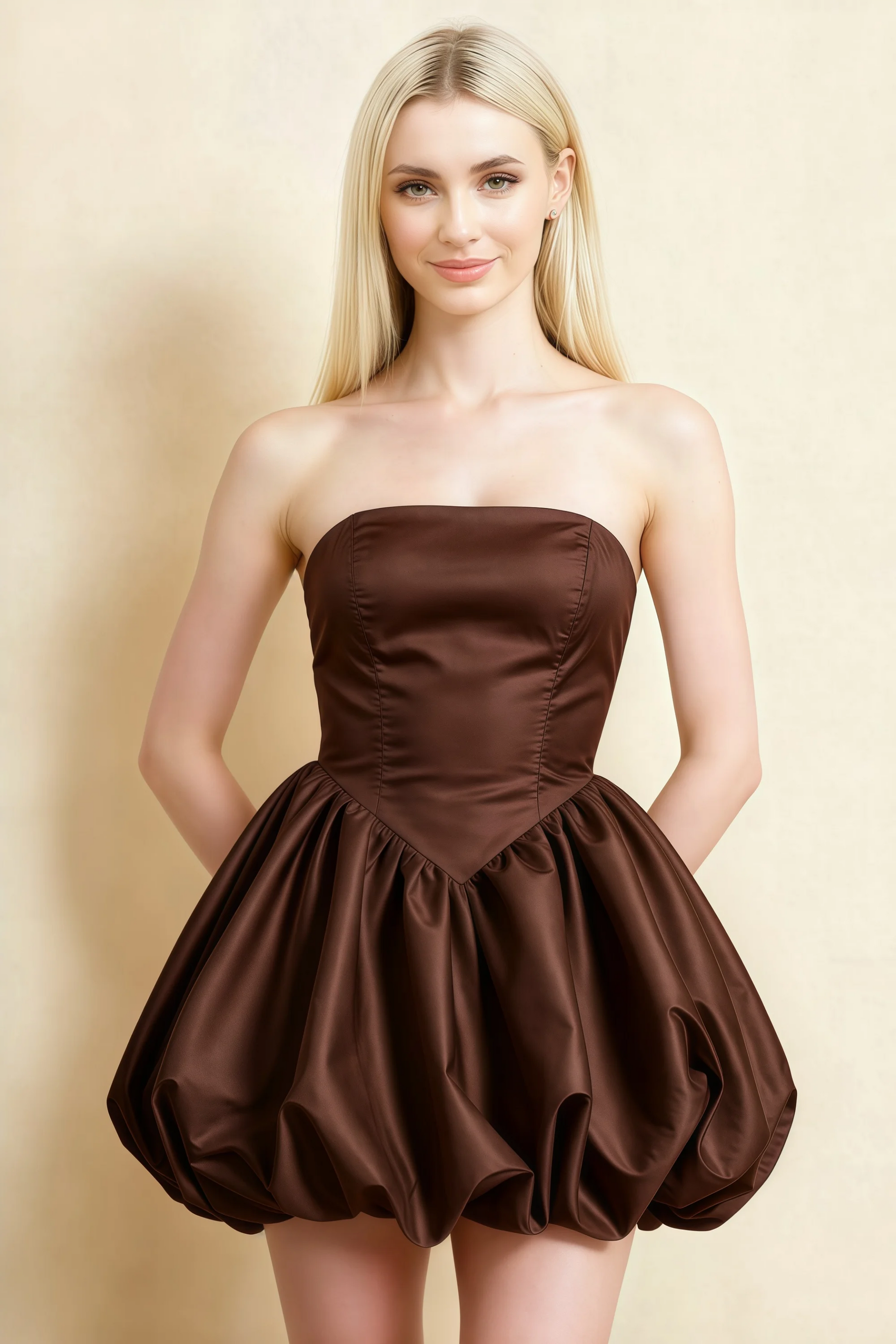 Annie Chocolate Brown Satin Corset Bow Mini Dress with Bubble Hems