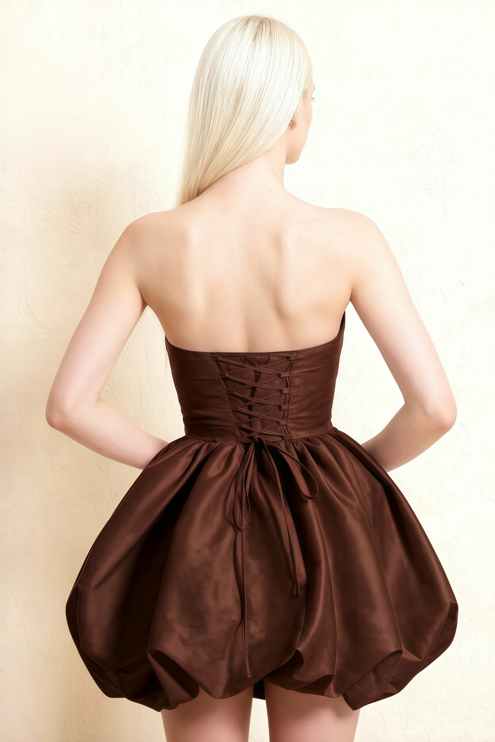 Annie Chocolate Brown Satin Corset Bow Mini Dress with Bubble Hems