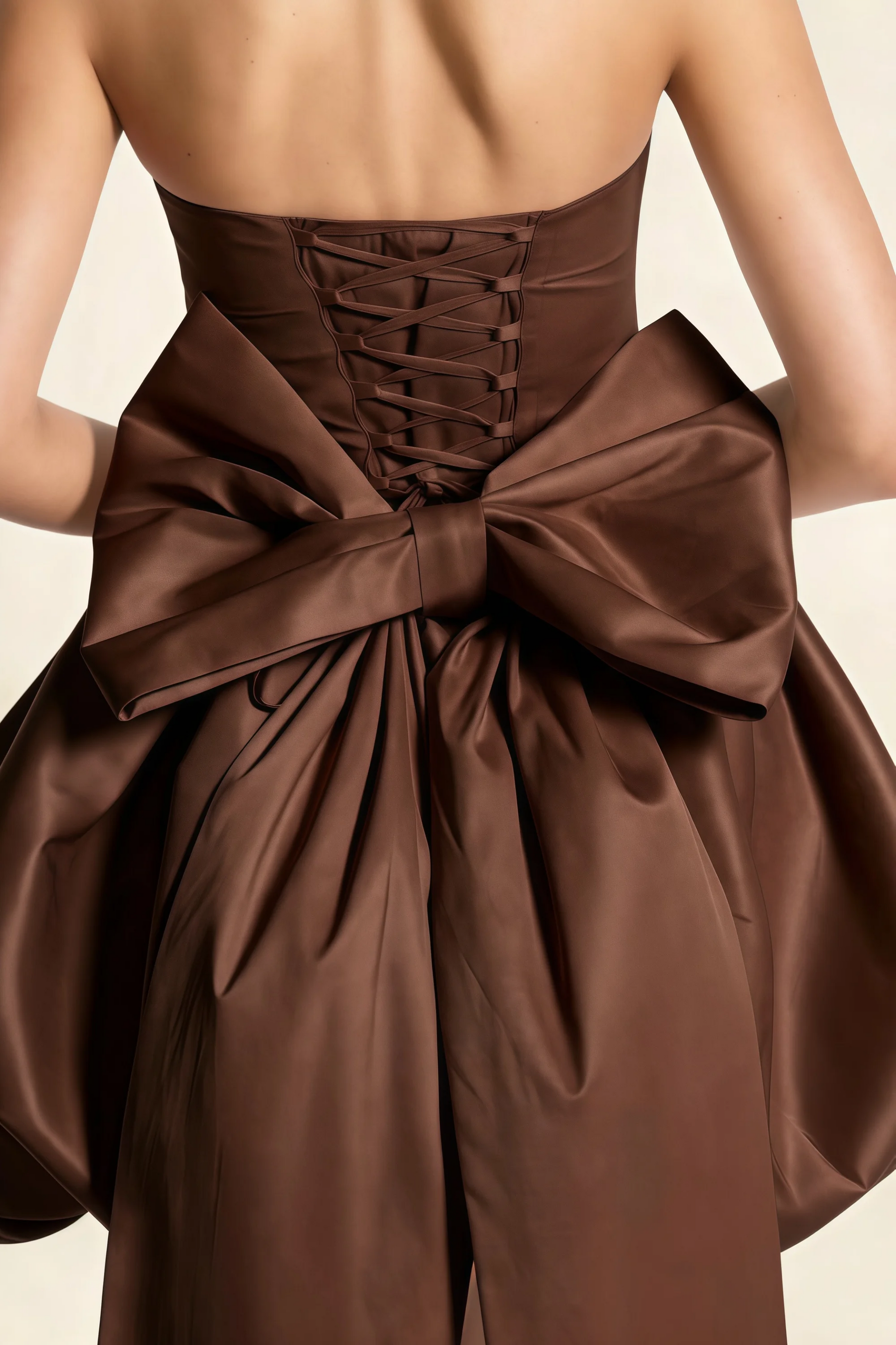 Annie Chocolate Brown Satin Corset Bow Mini Dress with Bubble Hems