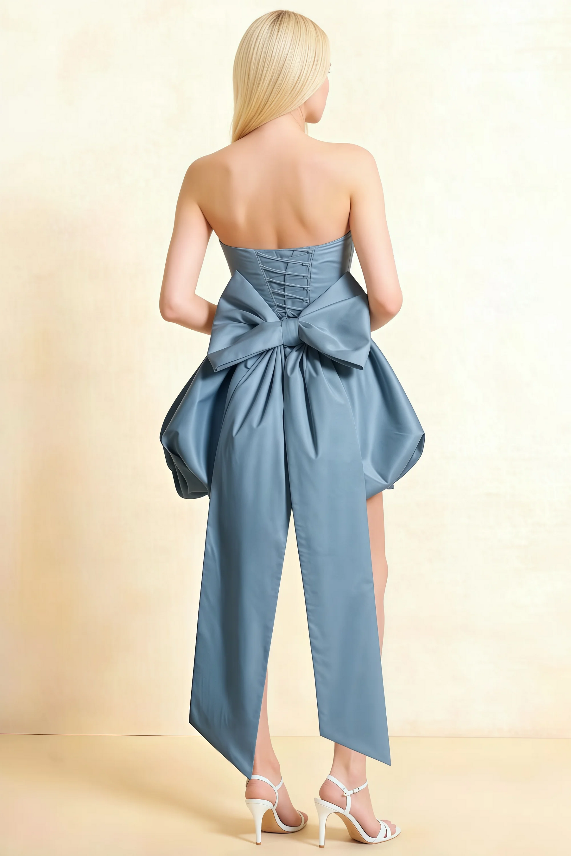 Annie Dusty Blue Satin Corset Bow Mini Dress with Bubble Hems