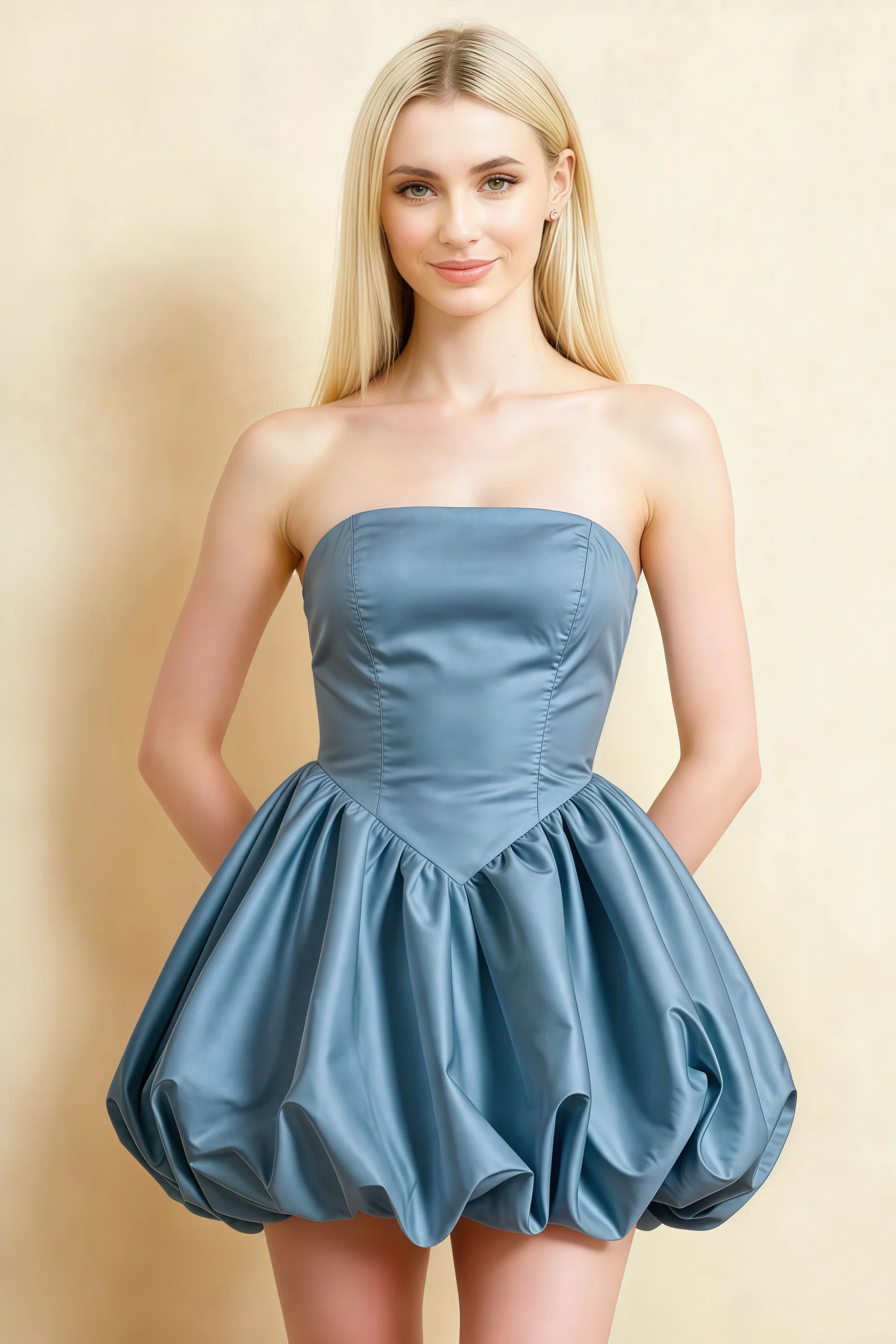 Annie Dusty Blue Satin Corset Bow Mini Dress with Bubble Hems