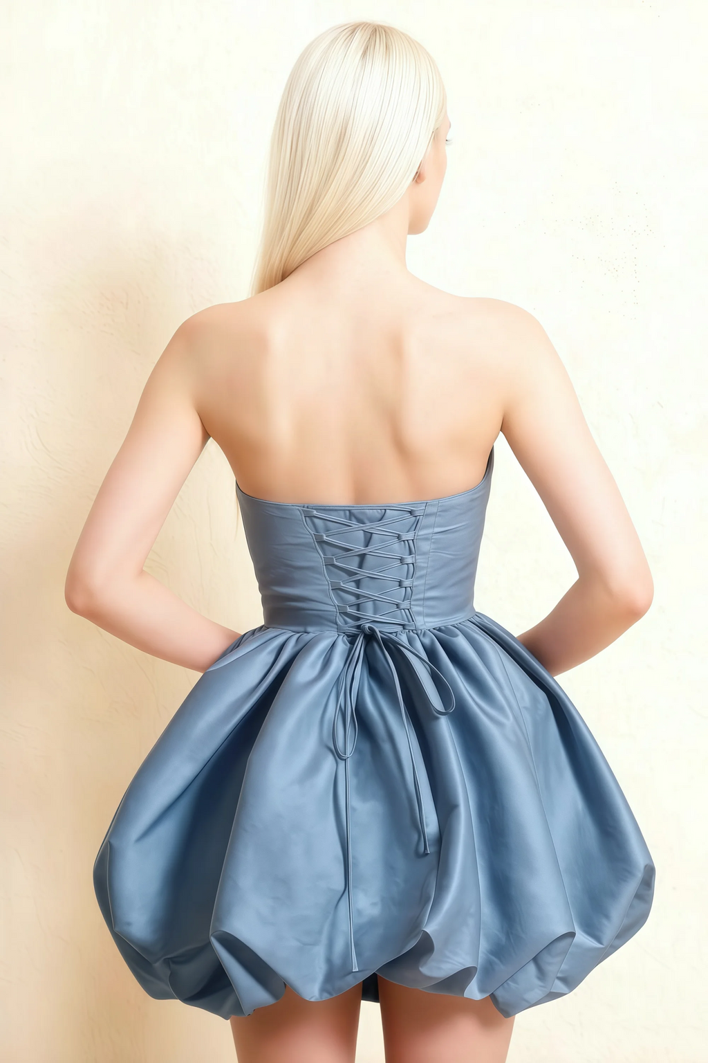 Annie Dusty Blue Satin Corset Bow Mini Dress with Bubble Hems