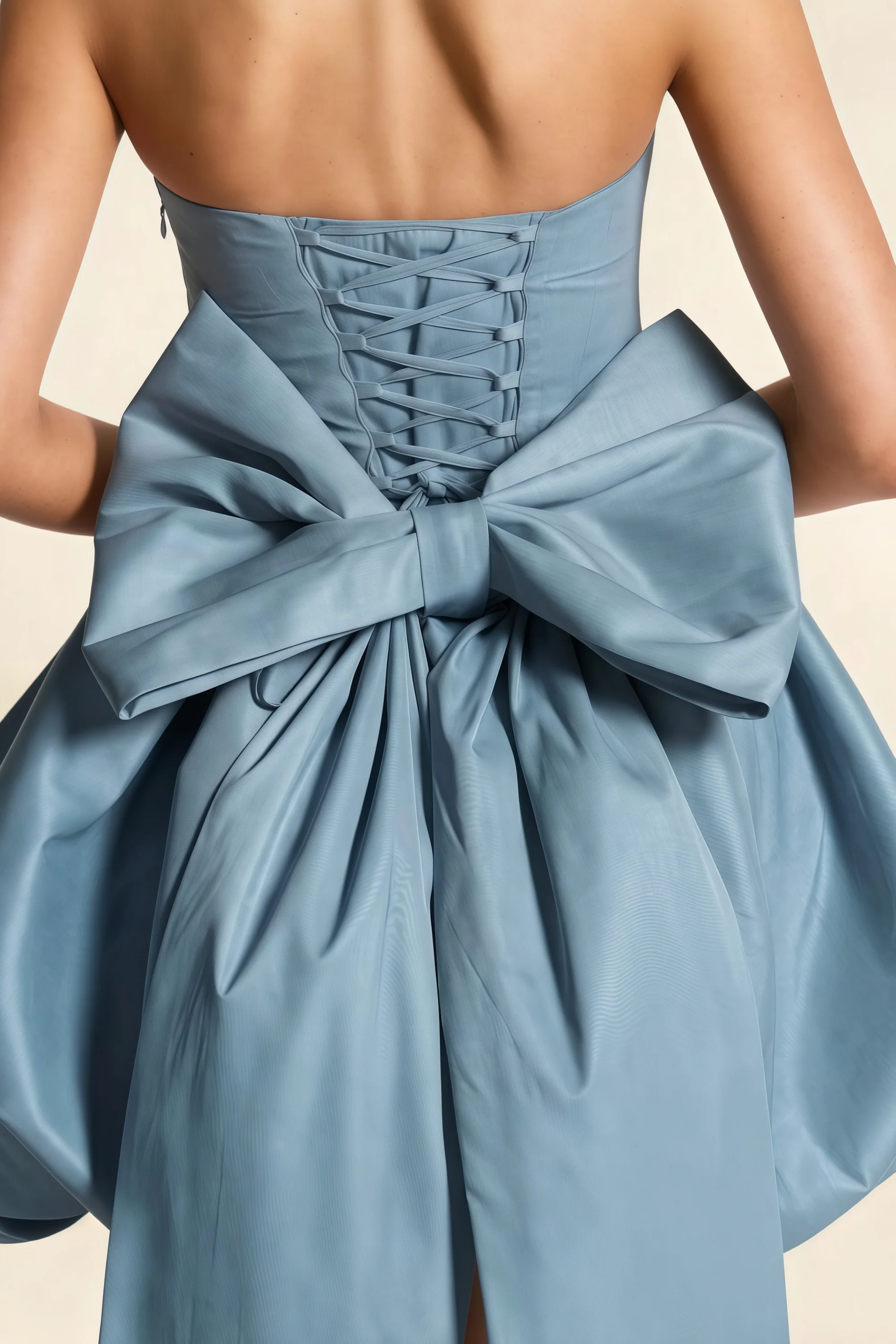 Annie Dusty Blue Satin Corset Bow Mini Dress with Bubble Hems