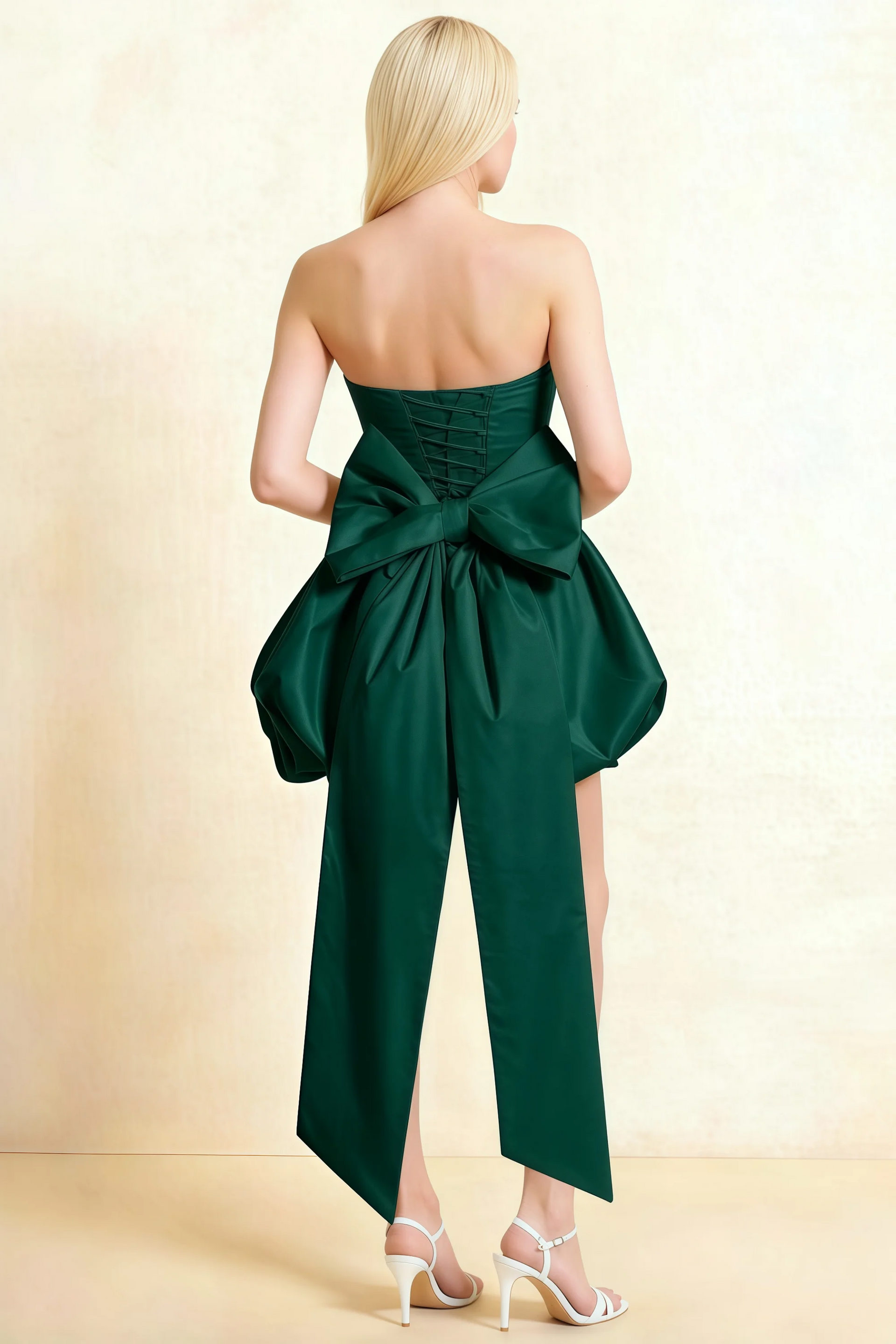 Annie Emerald Green Satin Corset Bow Mini Dress with Bubble Hems